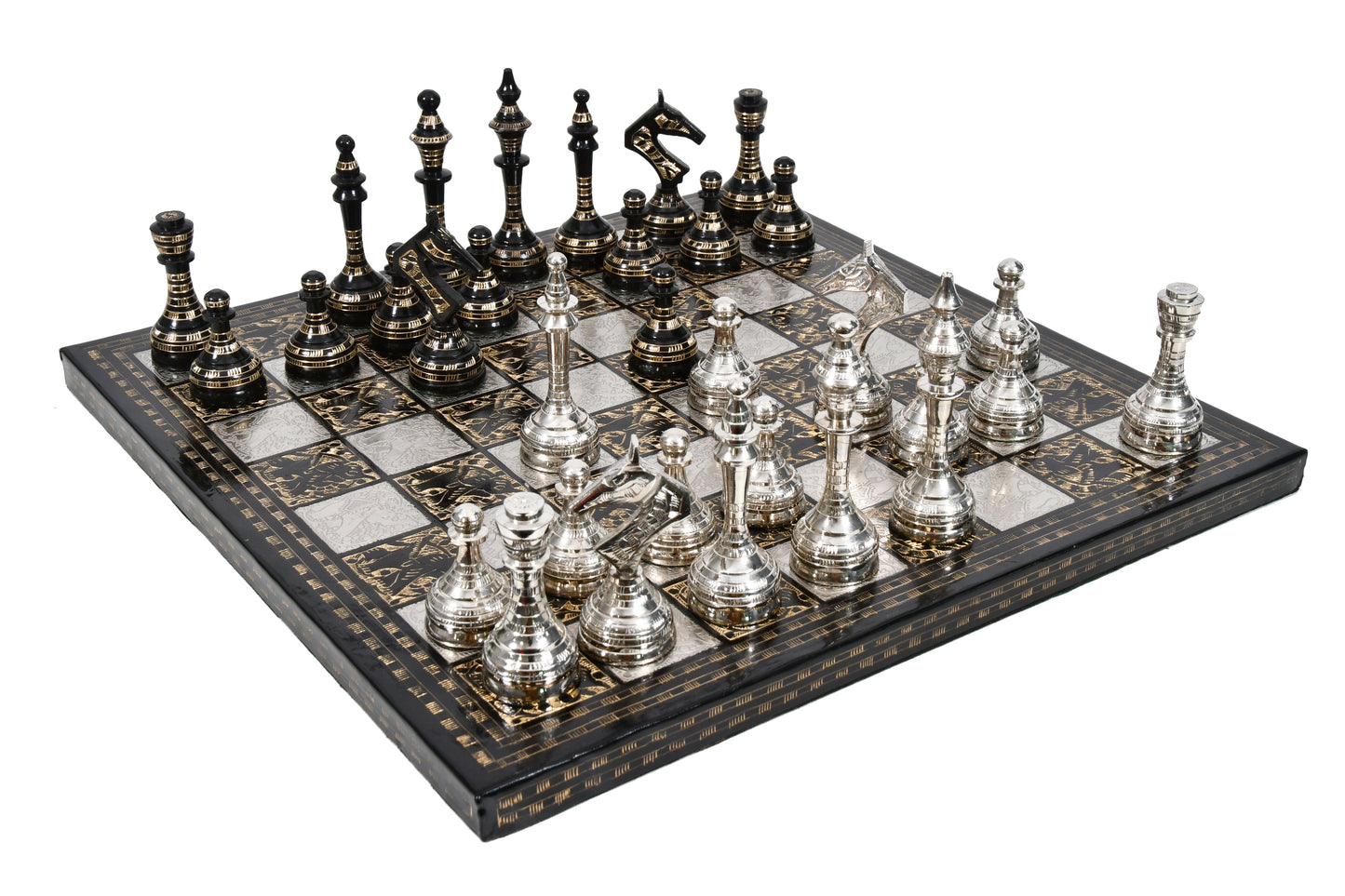 Brass Metal Luxury Chess Pieces with Board Combo in Shiny Silver and Black Color