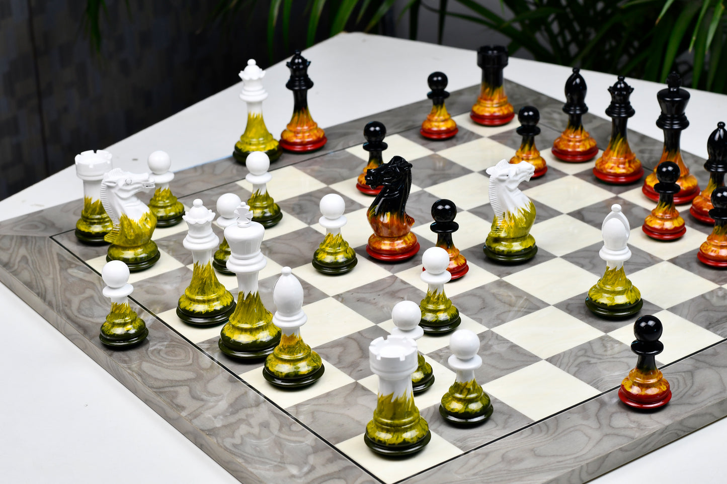 Flame and Frost Painted Staunton Weighted Wooden Chess Pieces - 4.0" King with Extra Queens