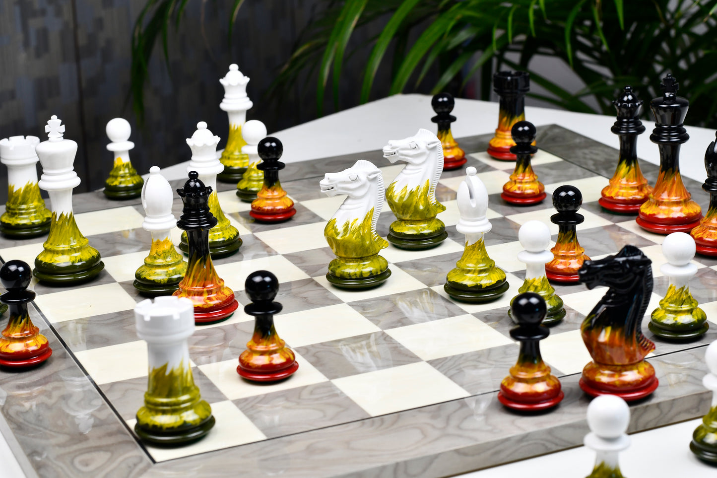Flame and Frost Painted Staunton Weighted Wooden Chess Pieces - 4.0" King with Extra Queens