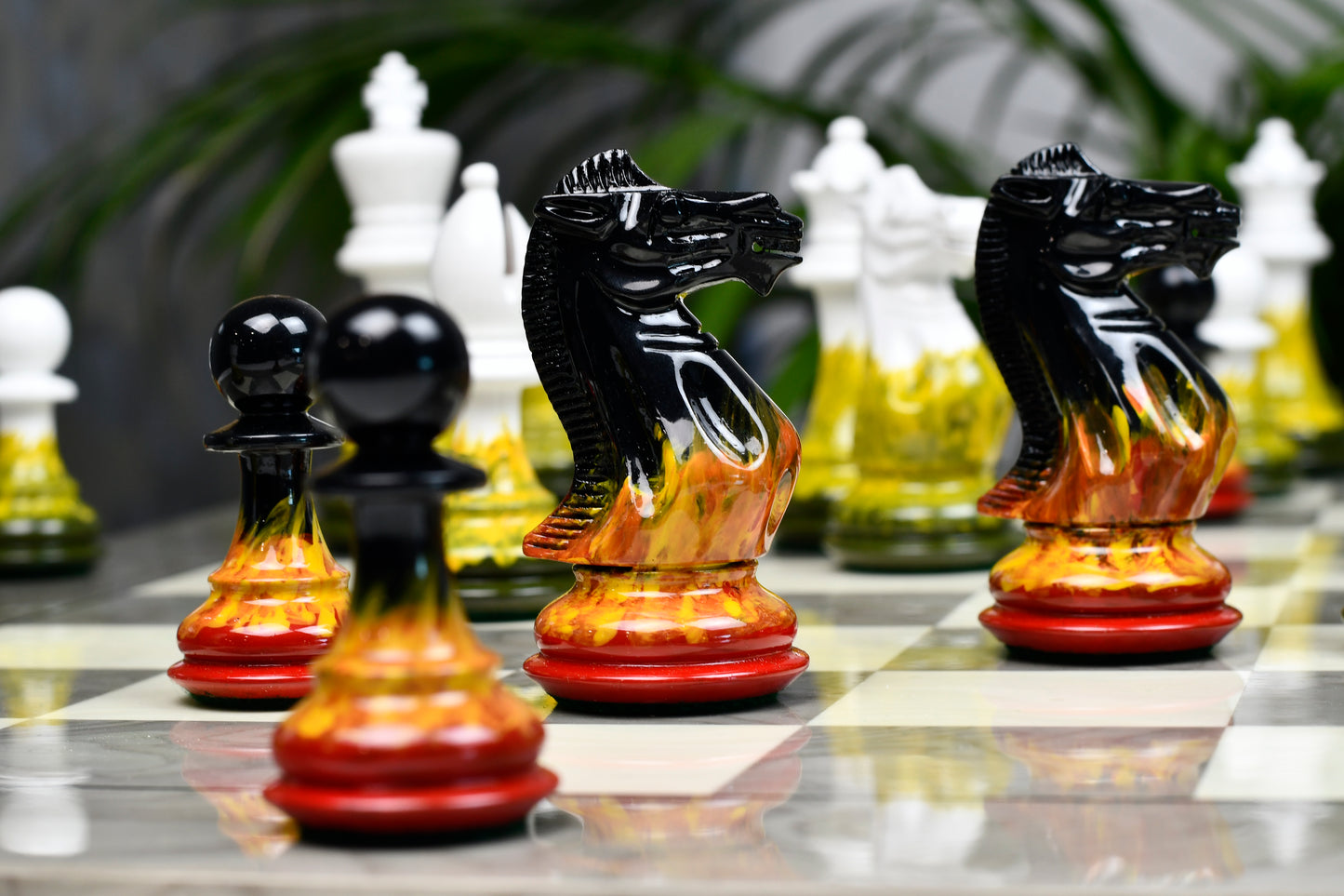 Flame and Frost Painted Staunton Weighted Wooden Chess Pieces - 4.0" King with Extra Queens