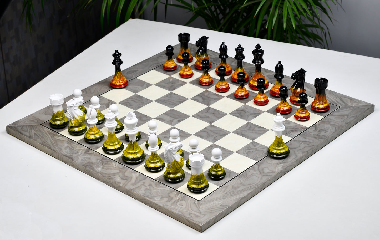 Flame and Frost Painted Staunton Weighted Wooden Chess Pieces - 4.0" King with Extra Queens