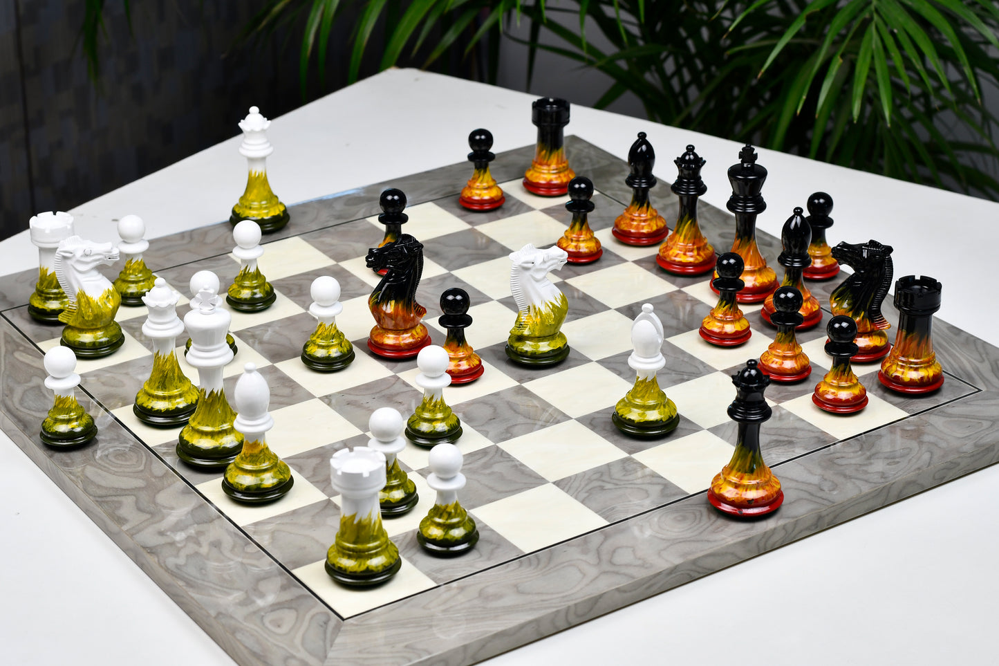 Flame and Frost Painted Staunton Weighted Wooden Chess Pieces - 4.0" King with Extra Queens