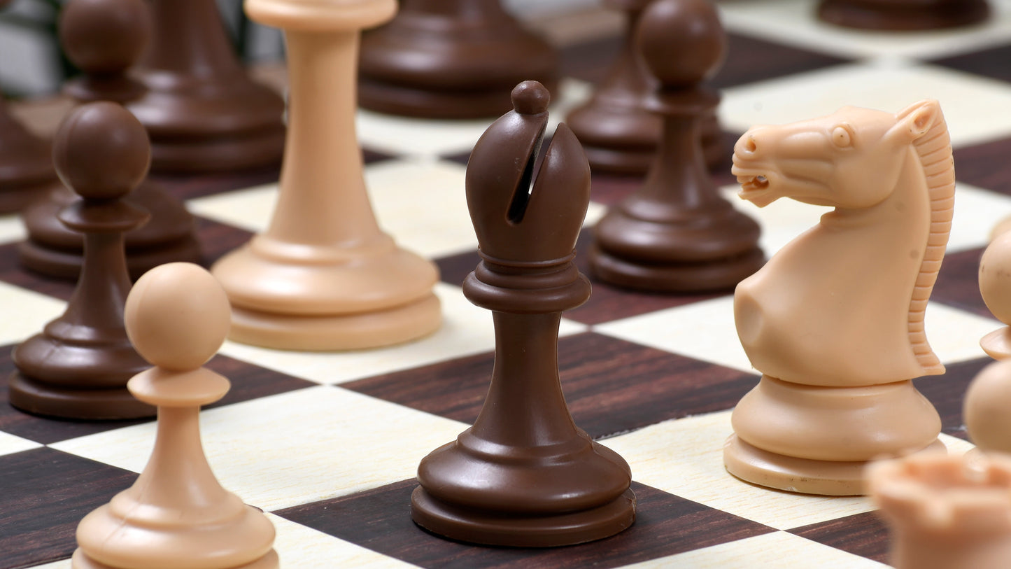Combo of The Blitz Series Plastic Chess Pieces Dyed in Sandalwood and Chocolate Brown - 3.8" King with Folding Chess Board