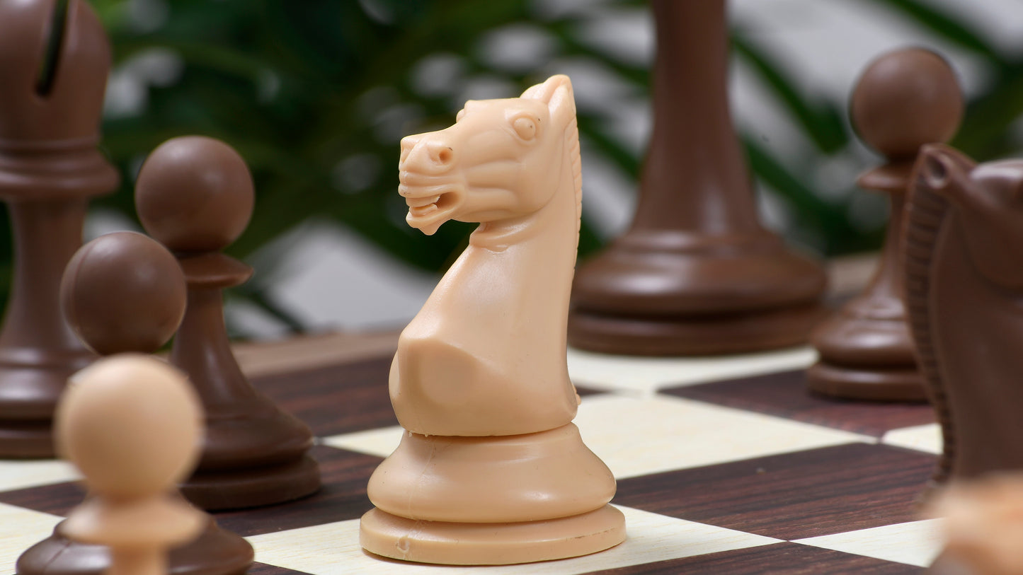 Combo of The Blitz Series Plastic Chess Pieces Dyed in Sandalwood and Chocolate Brown - 3.8" King with Folding Chess Board