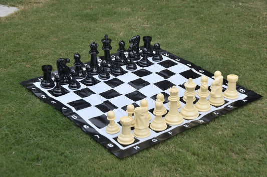 Garden Chess Set In Solid Plastic in Beige White And Black With Pvc Vinyl Chess Board- 8" King