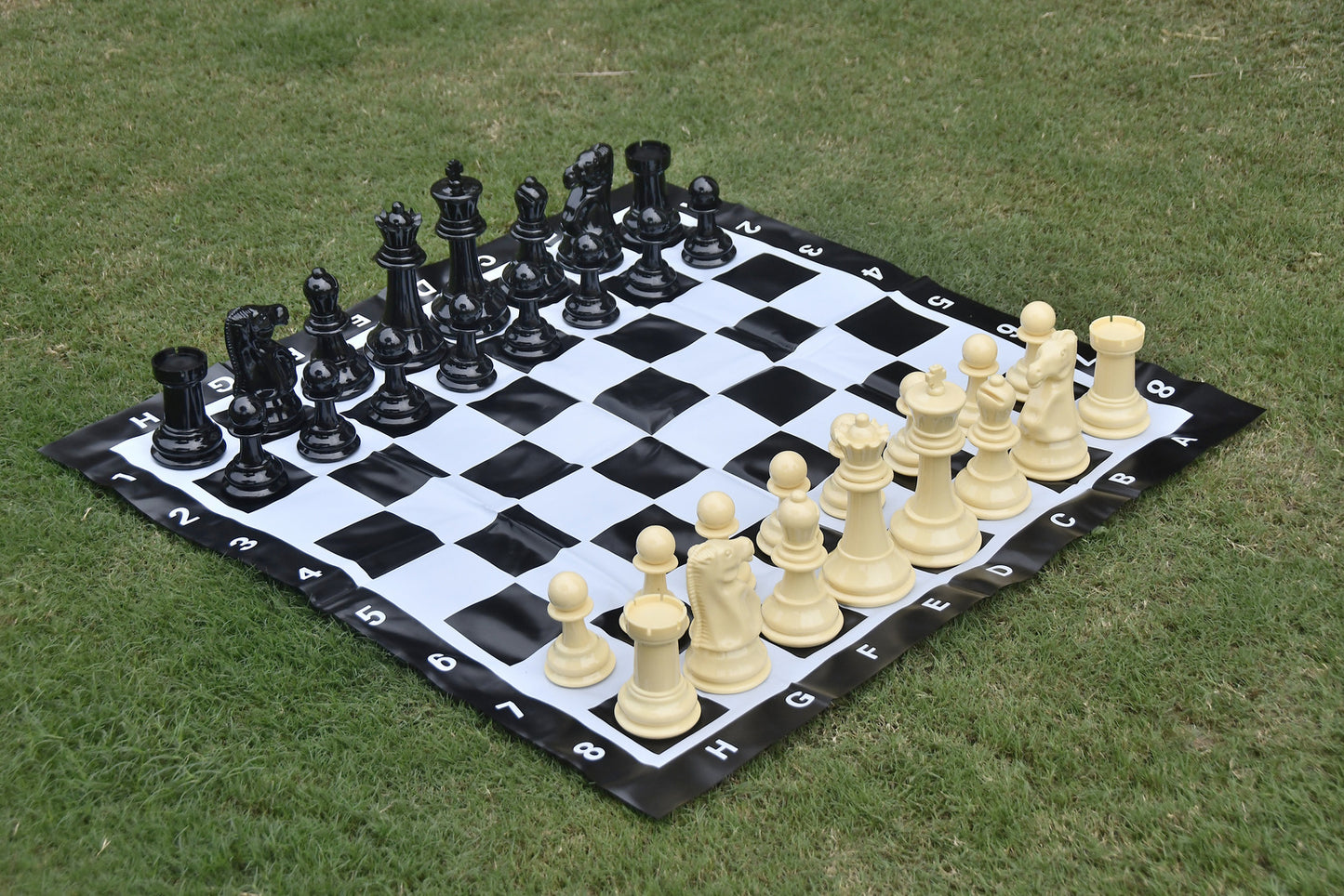 Garden Chess Set In Solid Plastic in Beige White And Black With Pvc Vinyl Chess Board- 8" King