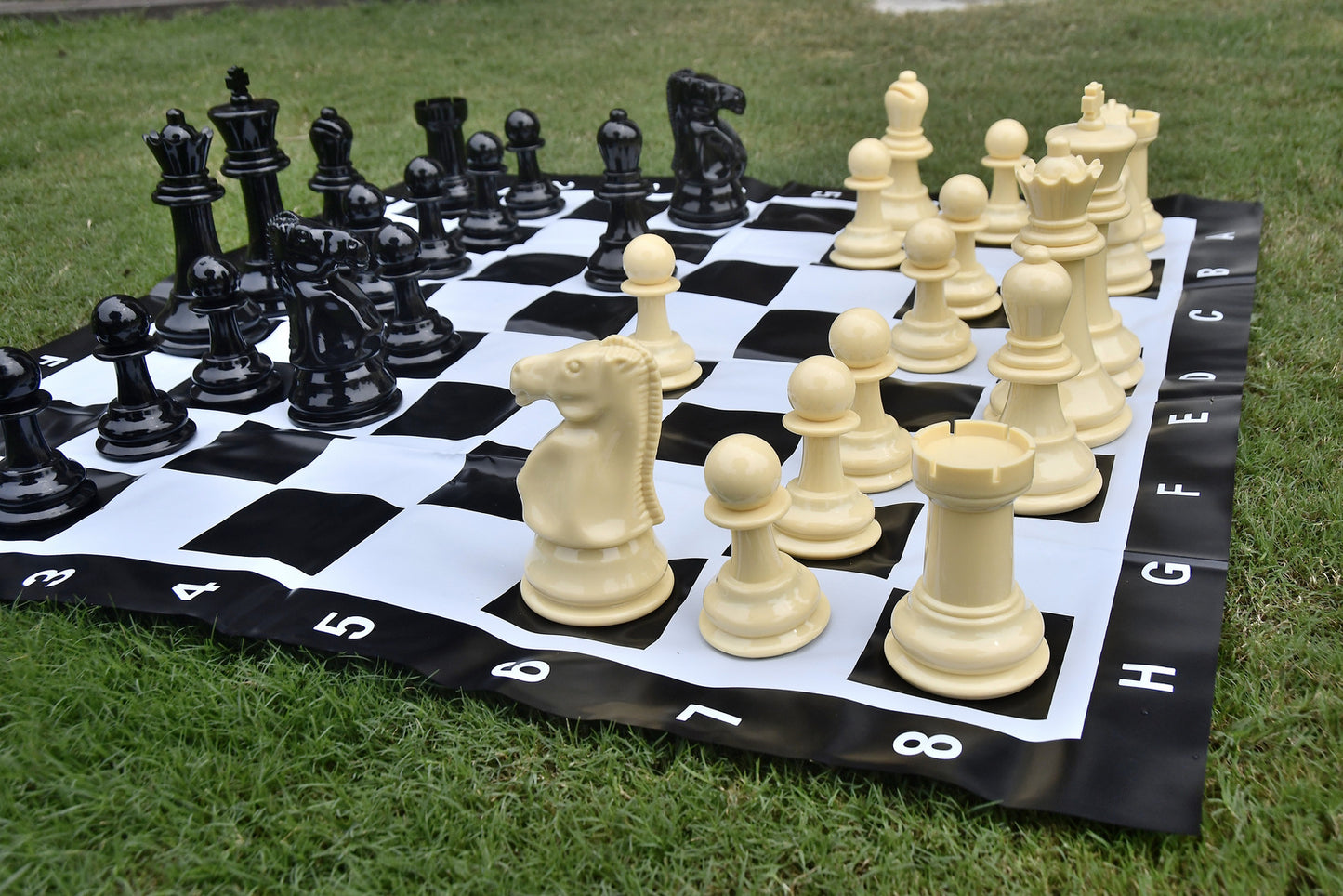 Garden Chess Set In Solid Plastic in Beige White And Black With Pvc Vinyl Chess Board- 8" King