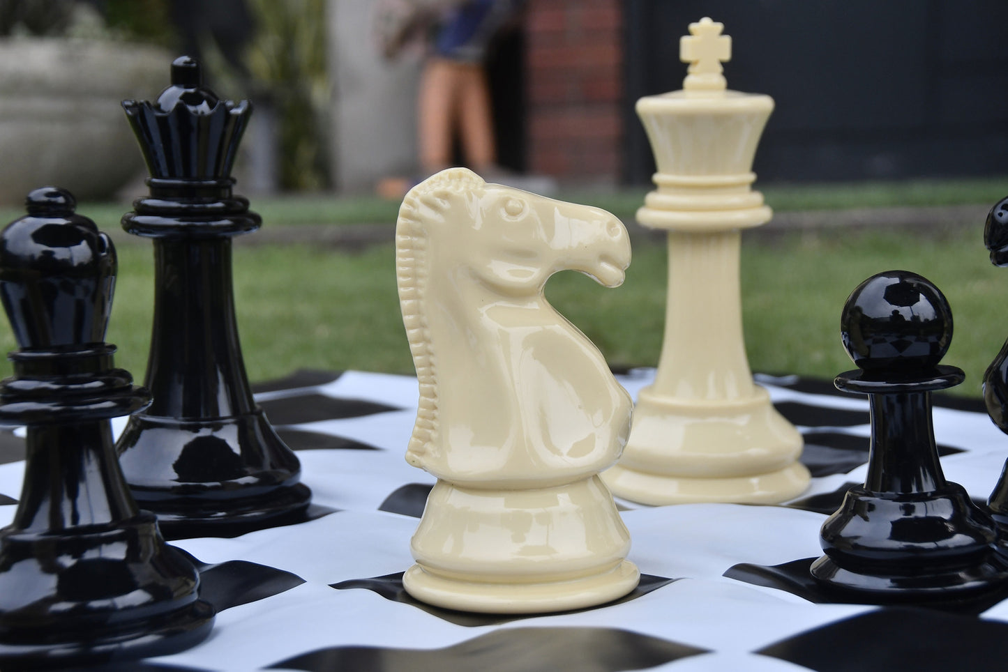 Garden Chess Set In Solid Plastic in Beige White And Black With Pvc Vinyl Chess Board- 8" King