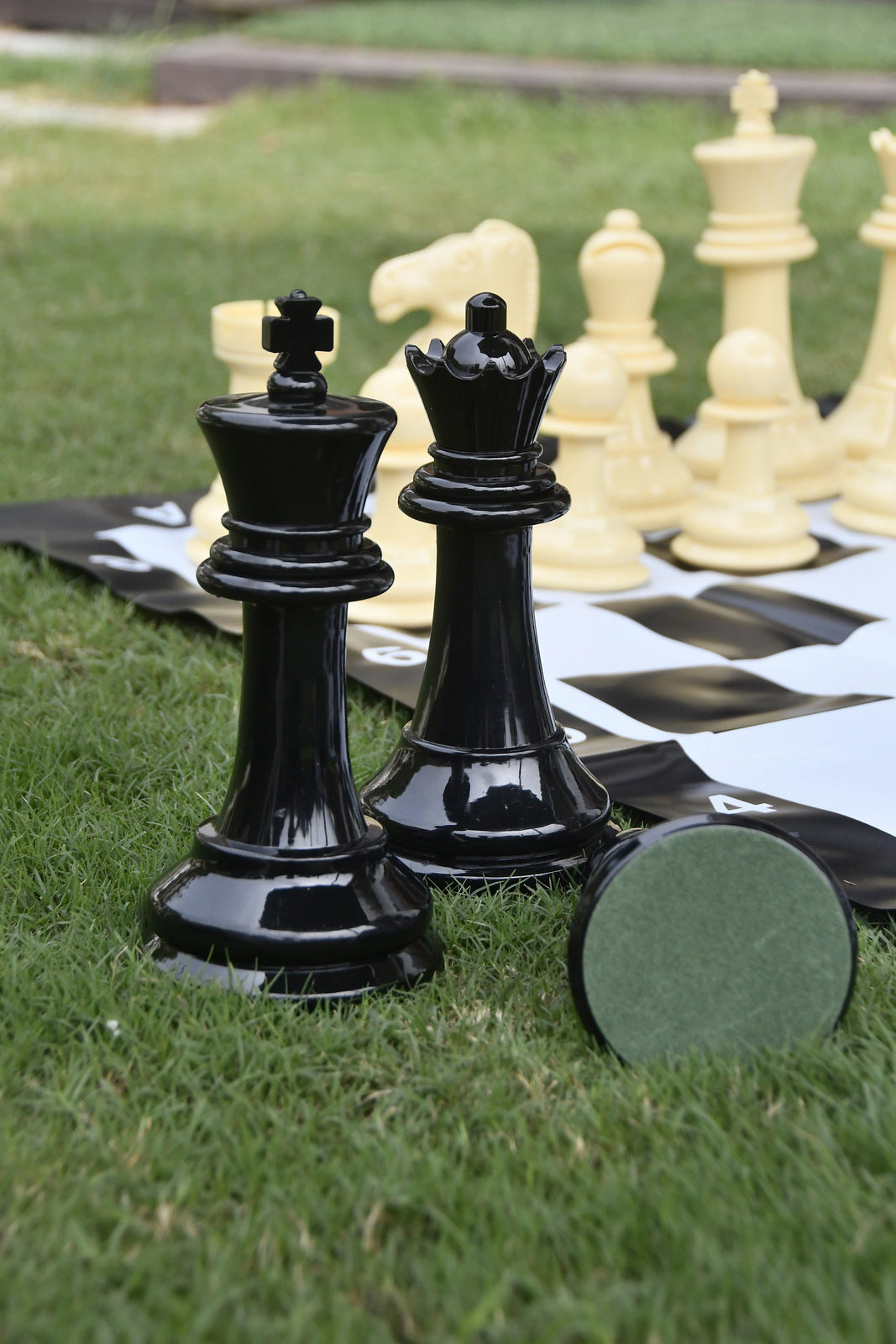 Garden Chess Set In Solid Plastic in Beige White And Black With Pvc Vinyl Chess Board- 8" King
