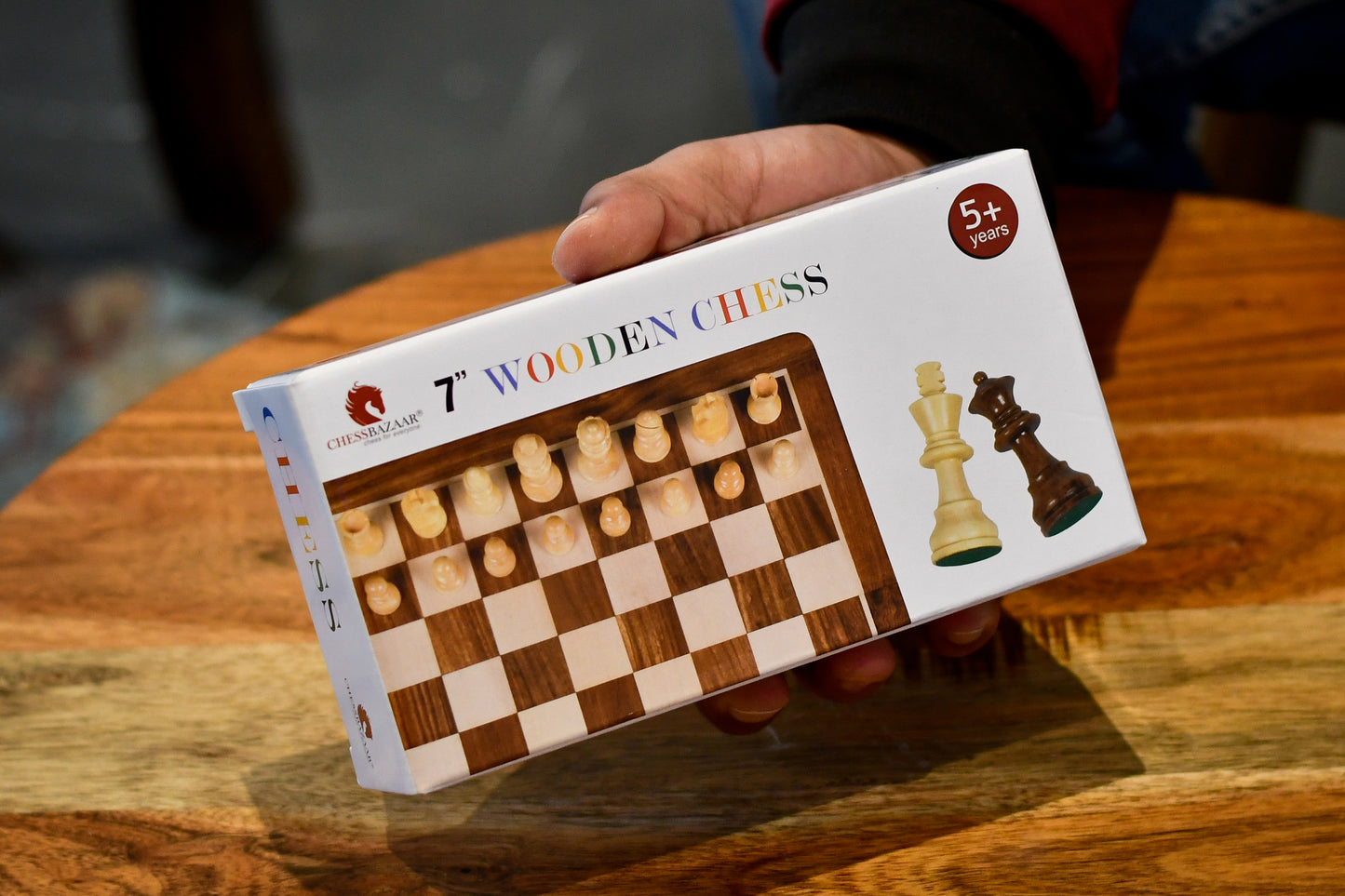 7" portable magnetic travel chess set in Sheesham & Maple