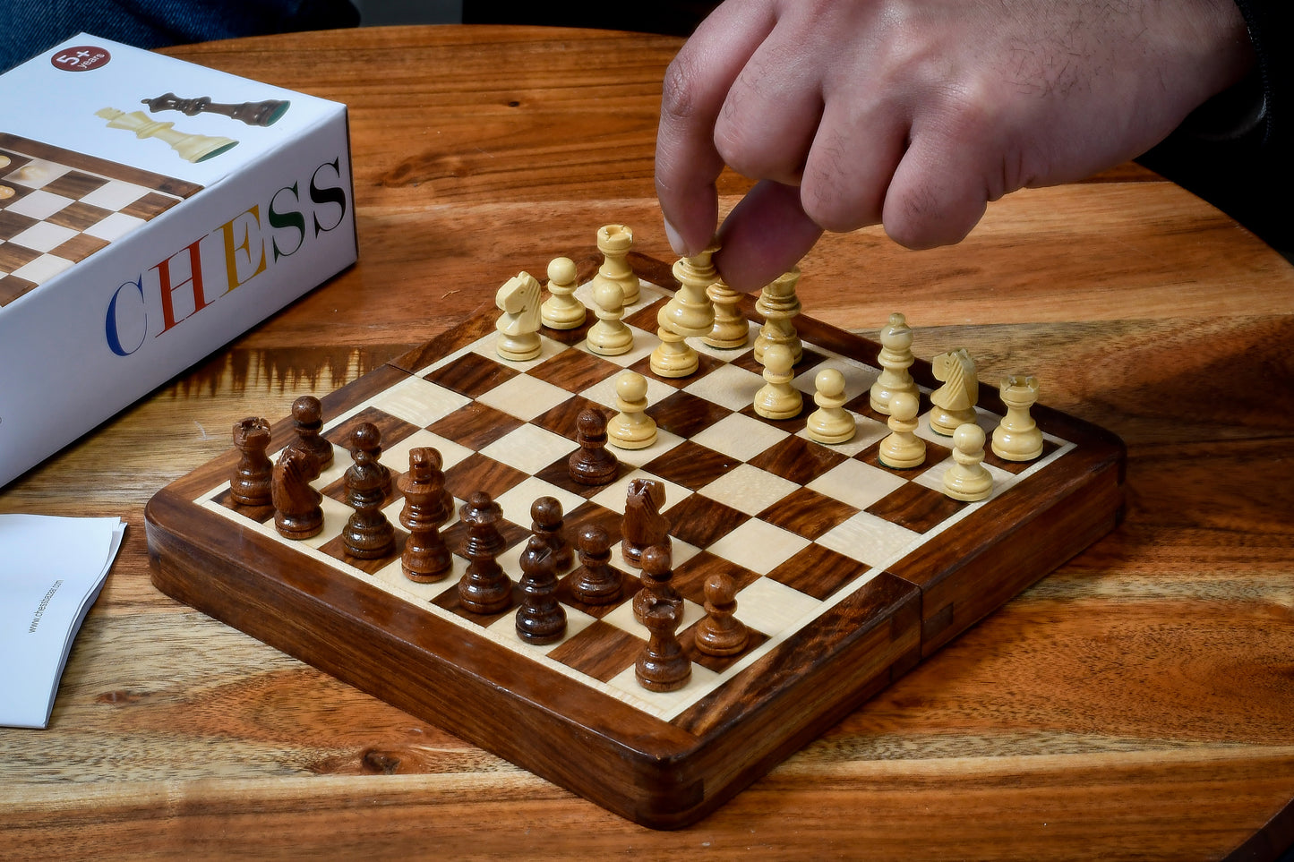 foldable magnetic travel chess set in Sheesham & Maple-7"