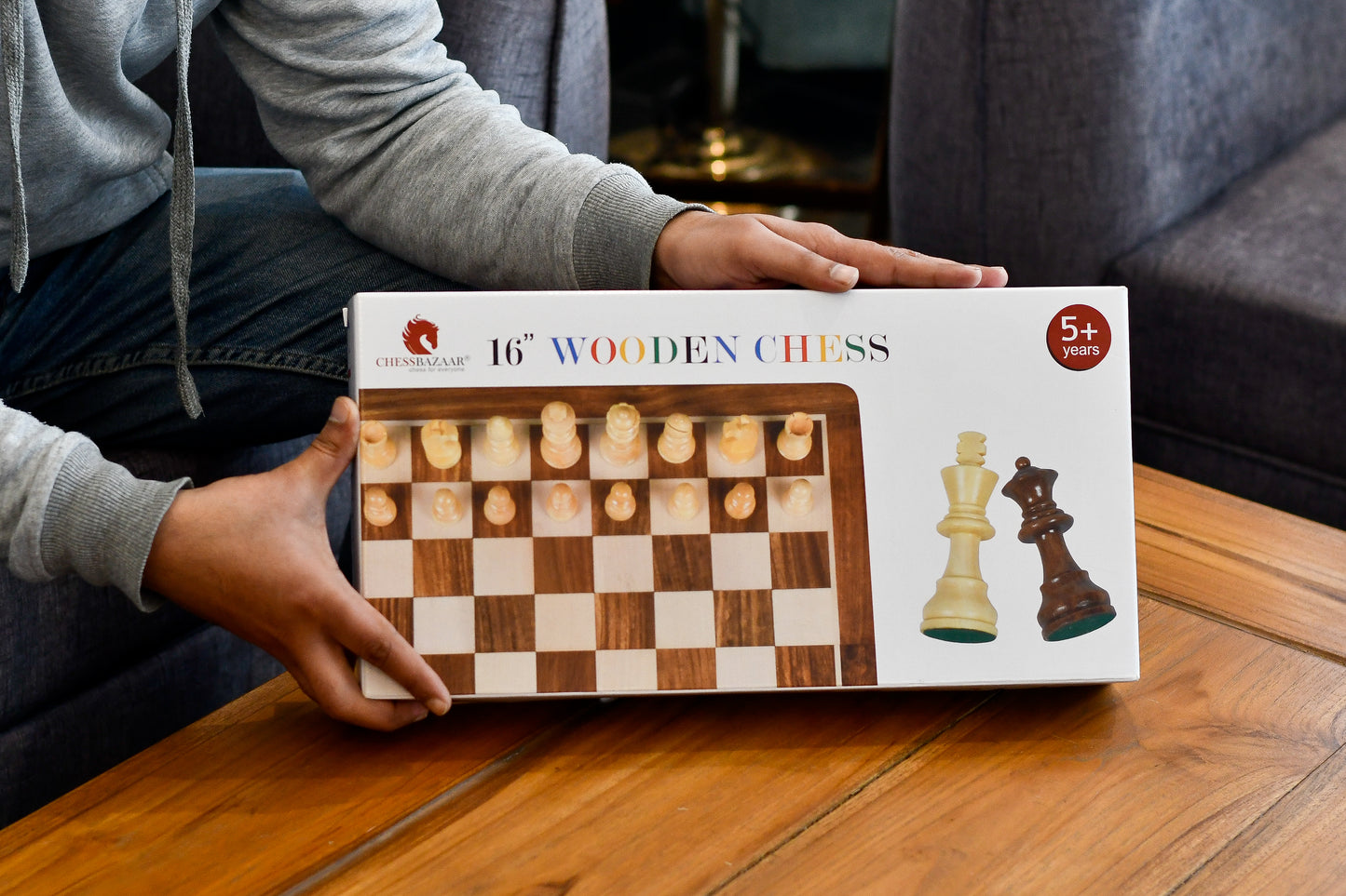 16" Foldable non-magnetic travel chess set in Sheesham & Maple wood