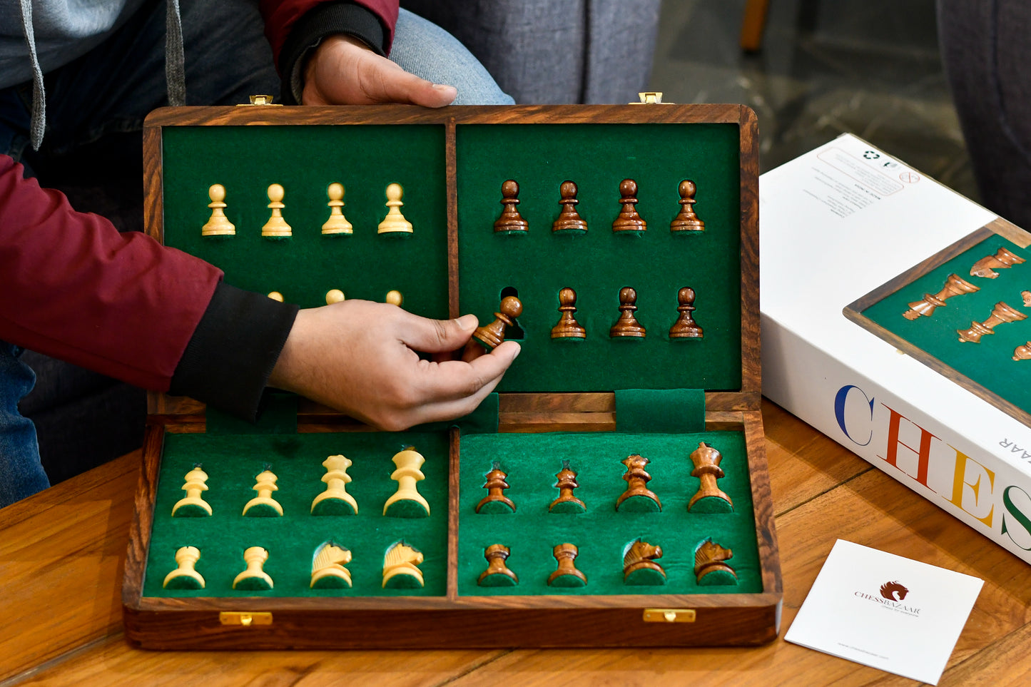 16" Foldable chess board with storage space in Sheesham & Maple