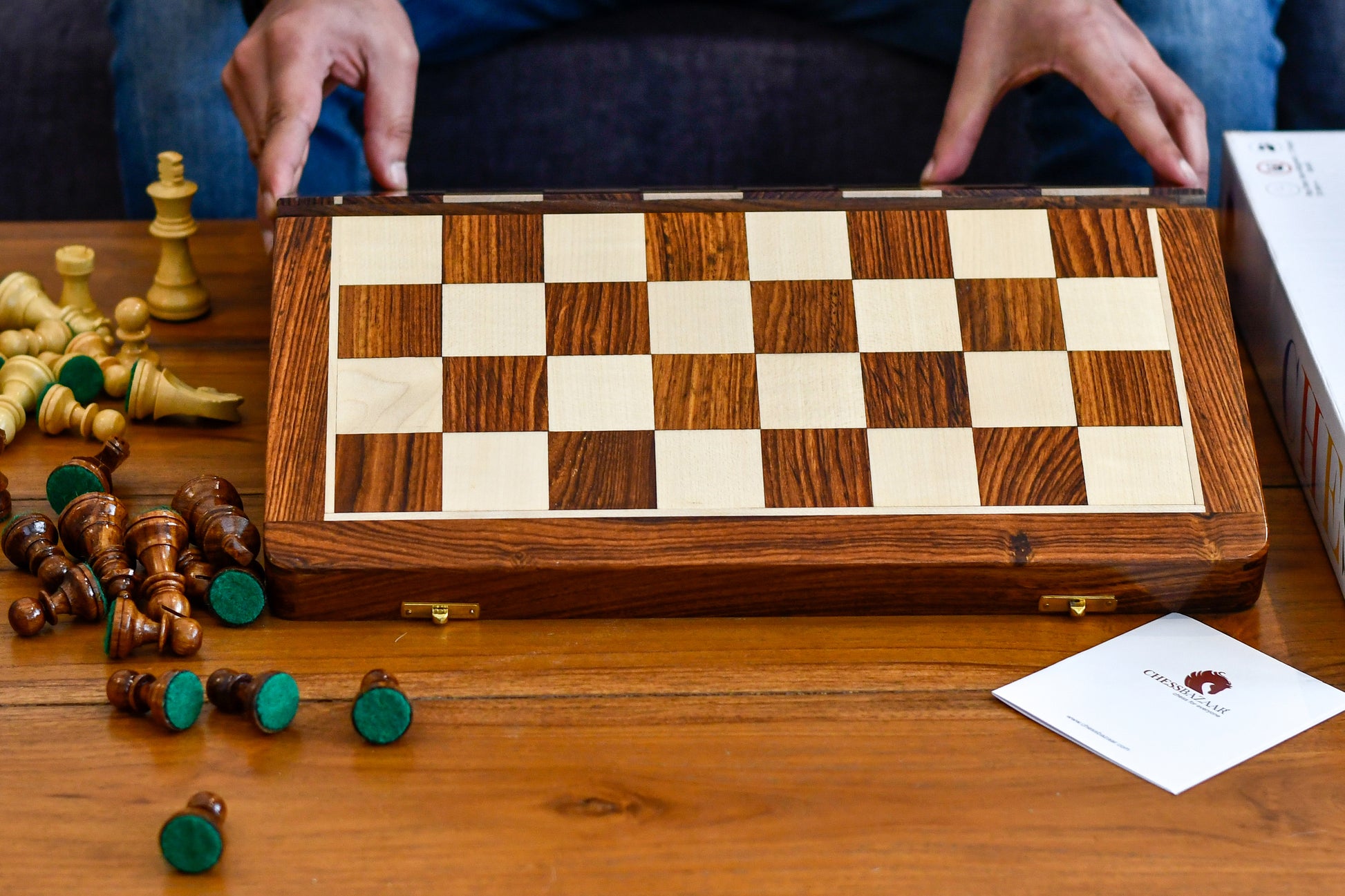 16" foldable travel chess set in Sheesham & Maple