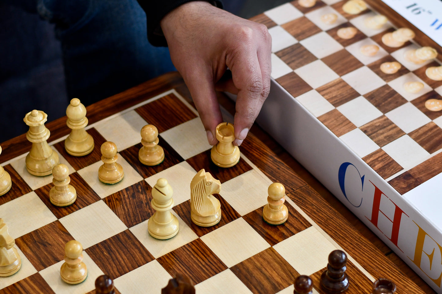 Foldable travel chess set in Sheesham & Maple-16"