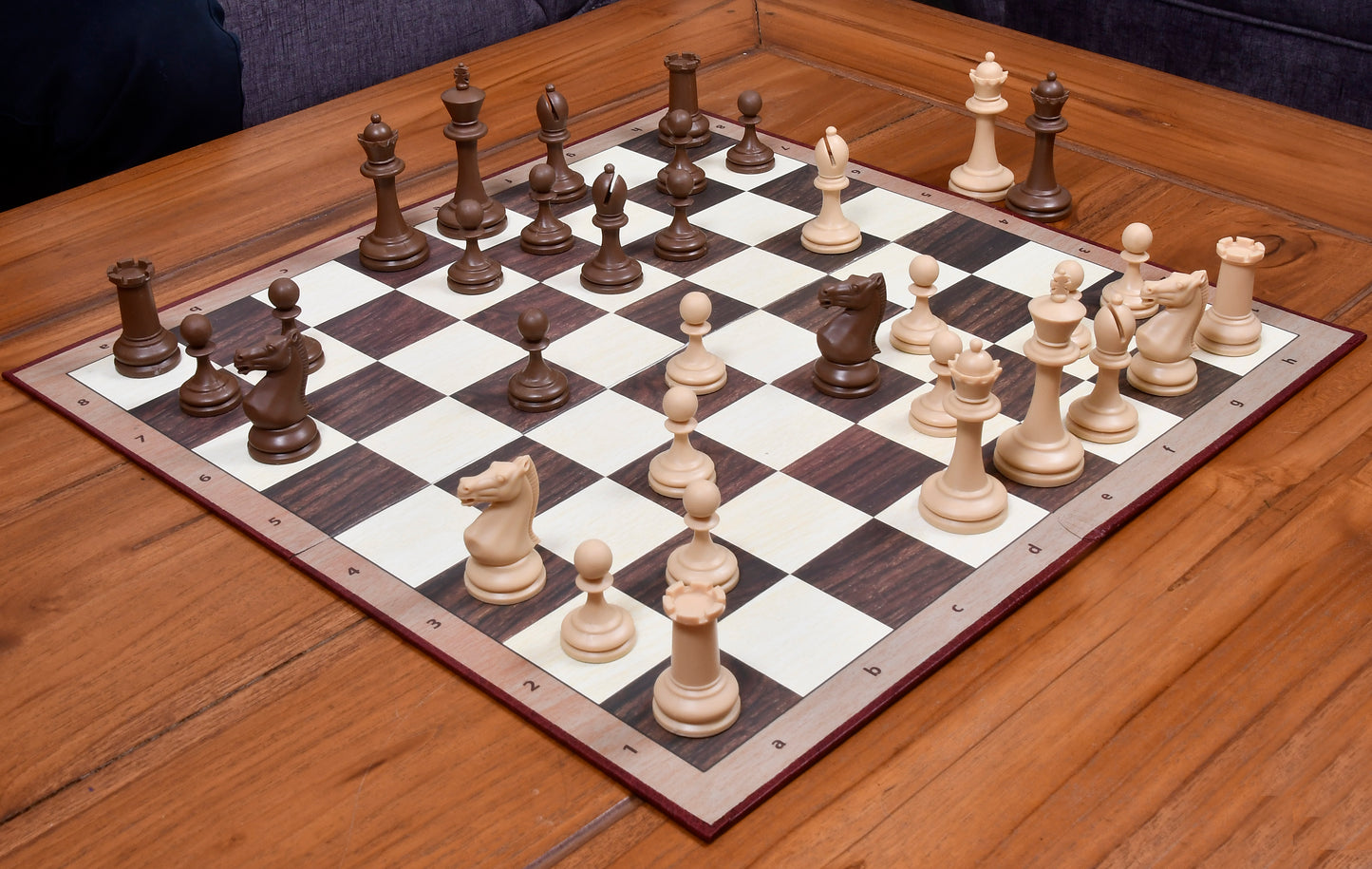 Combo of The Blitz Series Plastic Chess Pieces Dyed in Sandalwood and Chocolate Brown - 3.8" King with Folding Chess Board