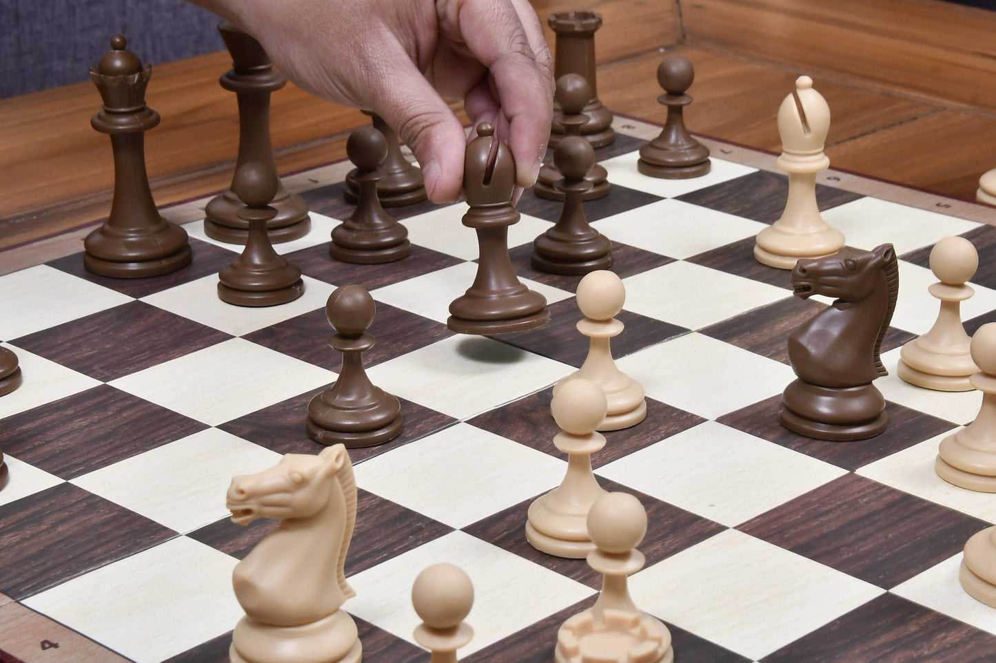 Combo of The Blitz Series Plastic Chess Pieces Dyed in Sandalwood and Chocolate Brown - 3.8" King with Folding Chess Board