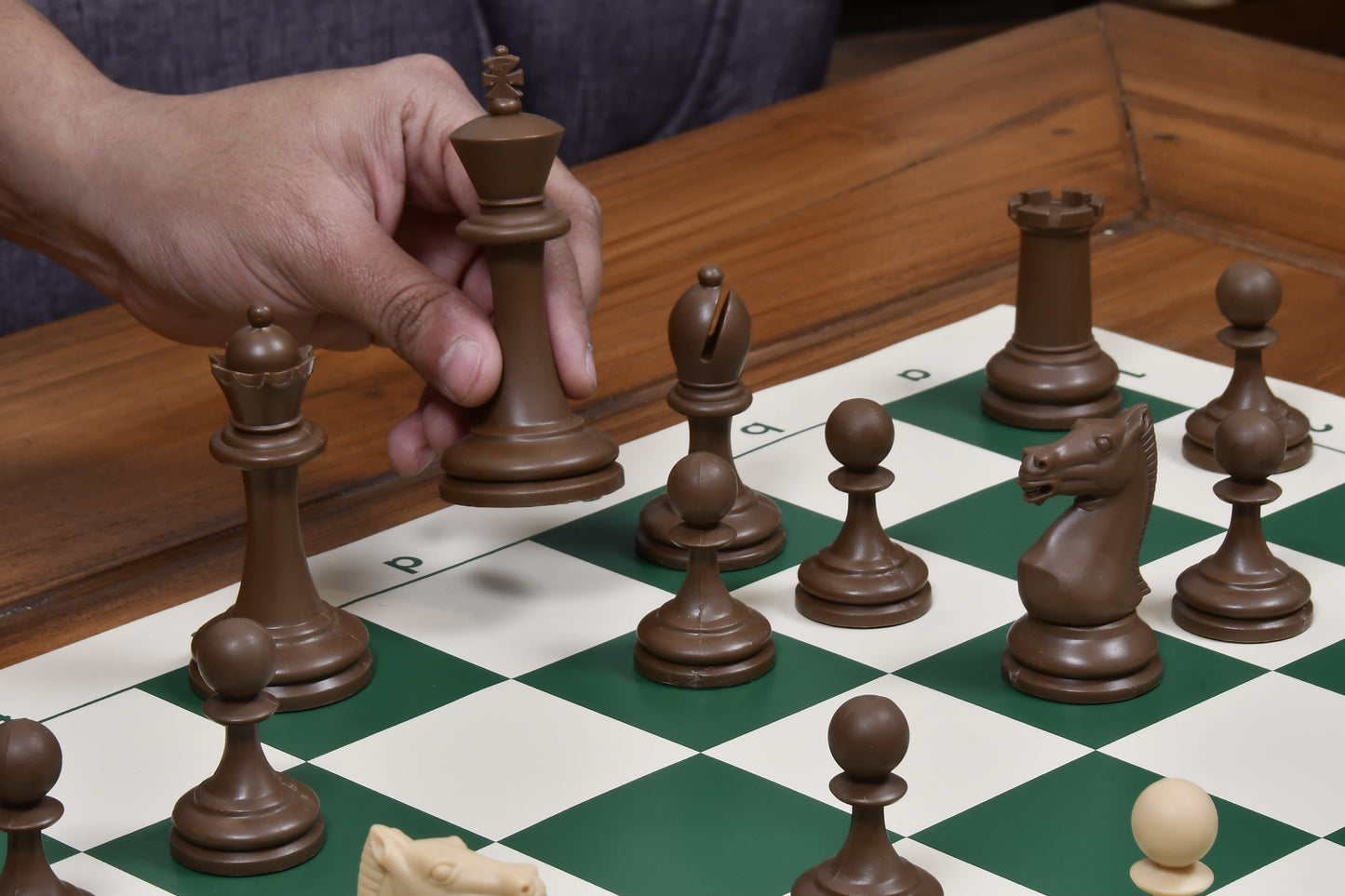 The Blitz Series Plastic Chess Pieces Dyed in Sandalwood and Chocolate Brown - 3.8" King