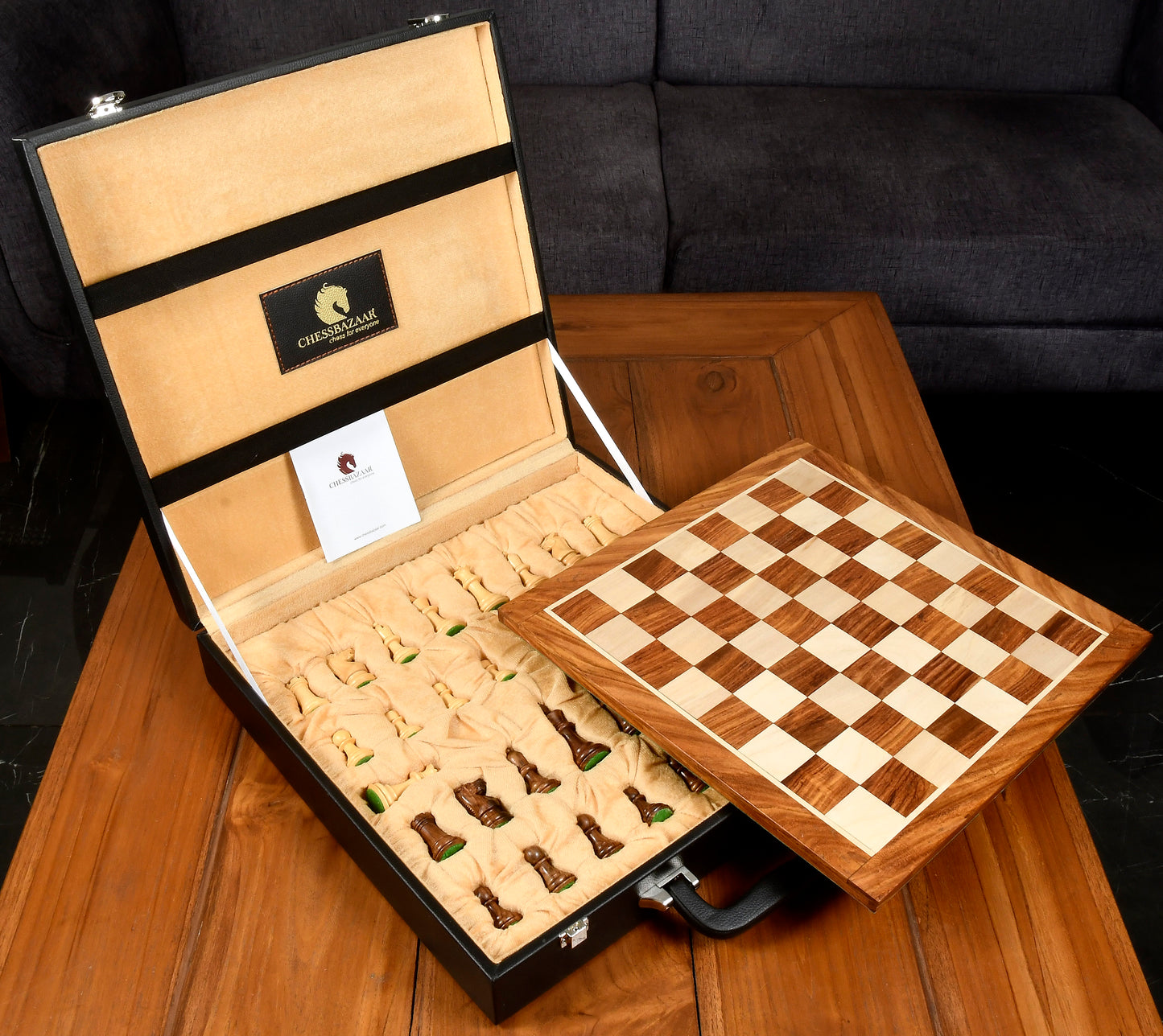 Combo The collector Wooden Staunton Chess Set in Sheesham & Boxwood Pieces, Wooden Chessboard and Coffer Storage Box -2.8" King