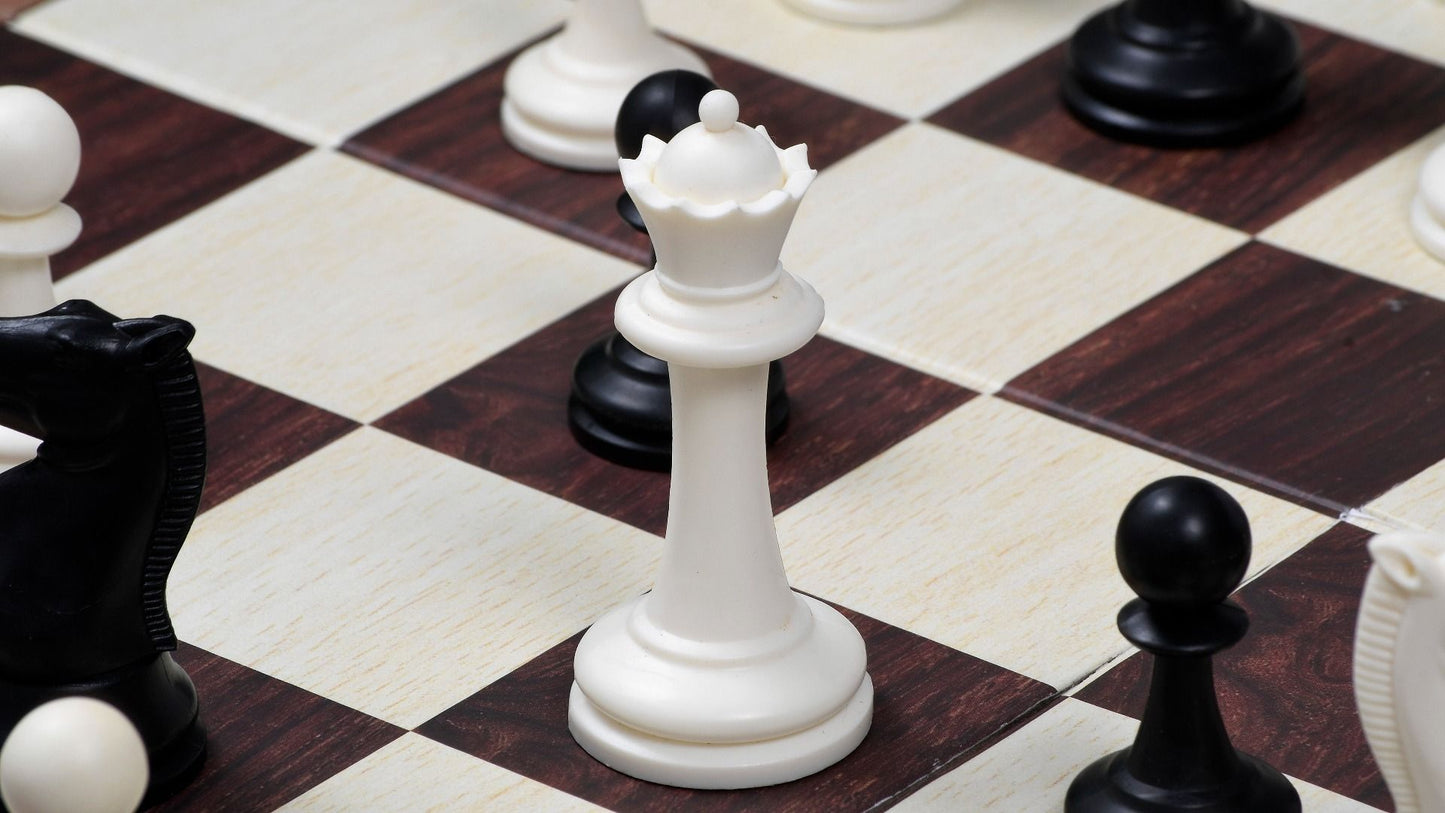 COMBO OF THE INTERNATIONAL SERIES UNWEIGHTED TOURNAMENT PLASTIC CHESS PIECES (34 PIECES) WITH EXTRA QUEENS - 3.8" KING WITH FOLDING CHESS BOARD