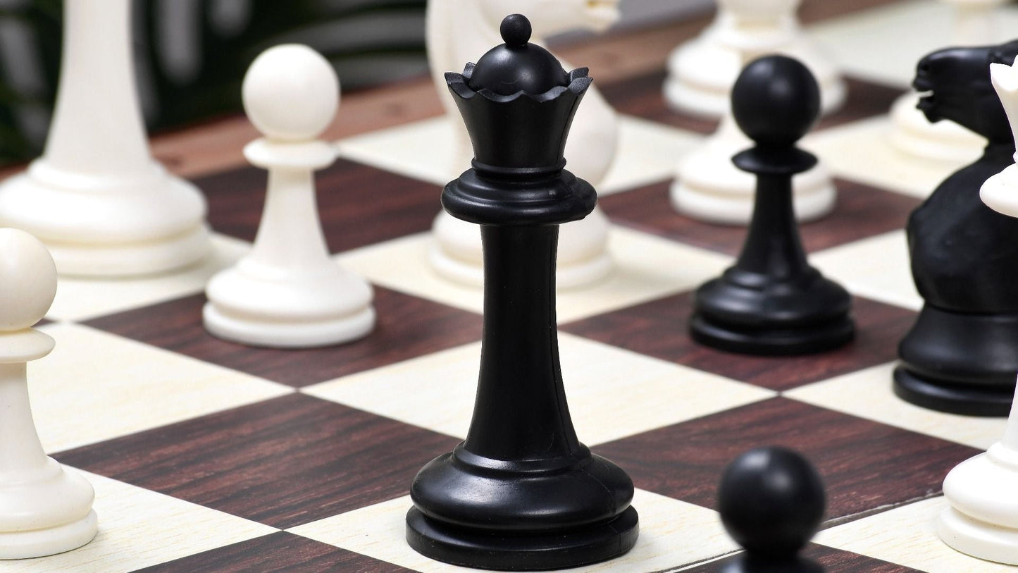 COMBO OF THE INTERNATIONAL SERIES UNWEIGHTED TOURNAMENT PLASTIC CHESS PIECES (34 PIECES) WITH EXTRA QUEENS - 3.8" KING WITH FOLDING CHESS BOARD
