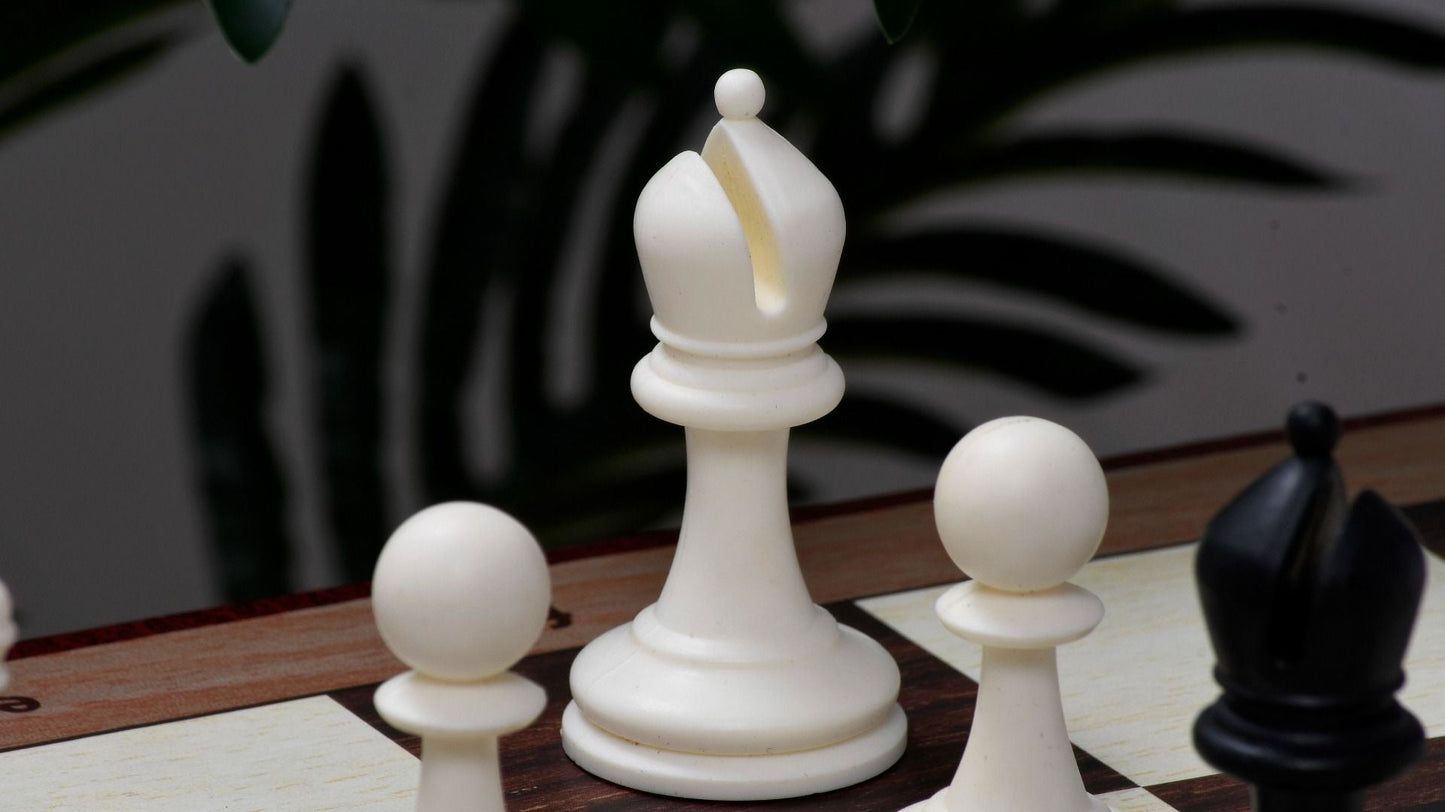 COMBO OF THE INTERNATIONAL SERIES UNWEIGHTED TOURNAMENT PLASTIC CHESS PIECES (34 PIECES) WITH EXTRA QUEENS - 3.8" KING WITH FOLDING CHESS BOARD