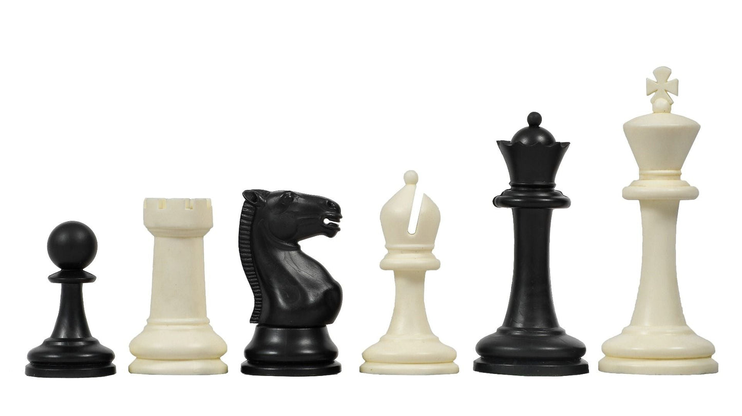 COMBO OF THE INTERNATIONAL SERIES UNWEIGHTED TOURNAMENT PLASTIC CHESS PIECES (34 PIECES) WITH EXTRA QUEENS - 3.8" KING WITH FOLDING CHESS BOARD