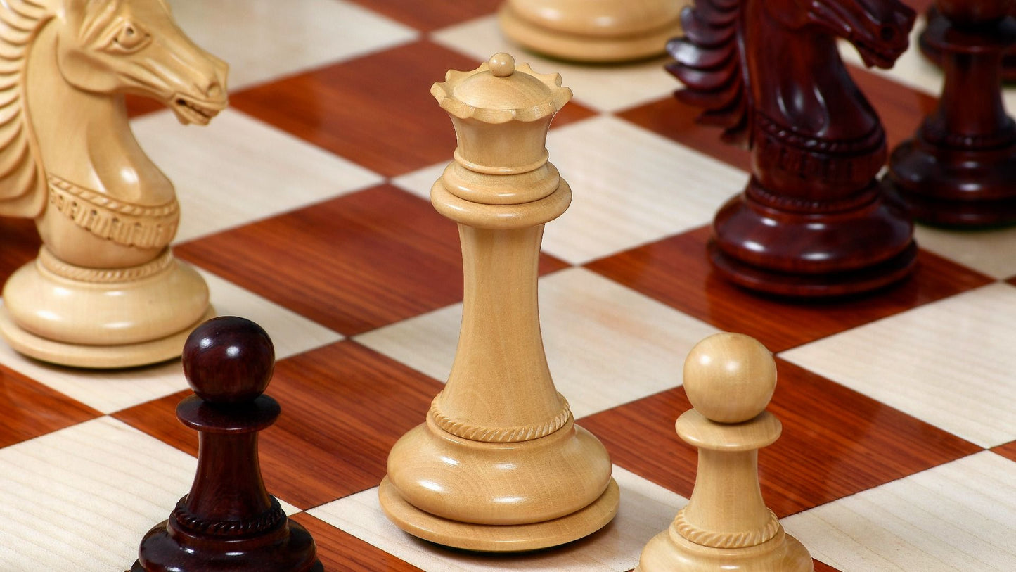 Combo of The Cb Mustang Series Weighted Chess Pieces in Bud Rose / Box Wood - 4.4" King With Extra Queens With Wooden Chess Board