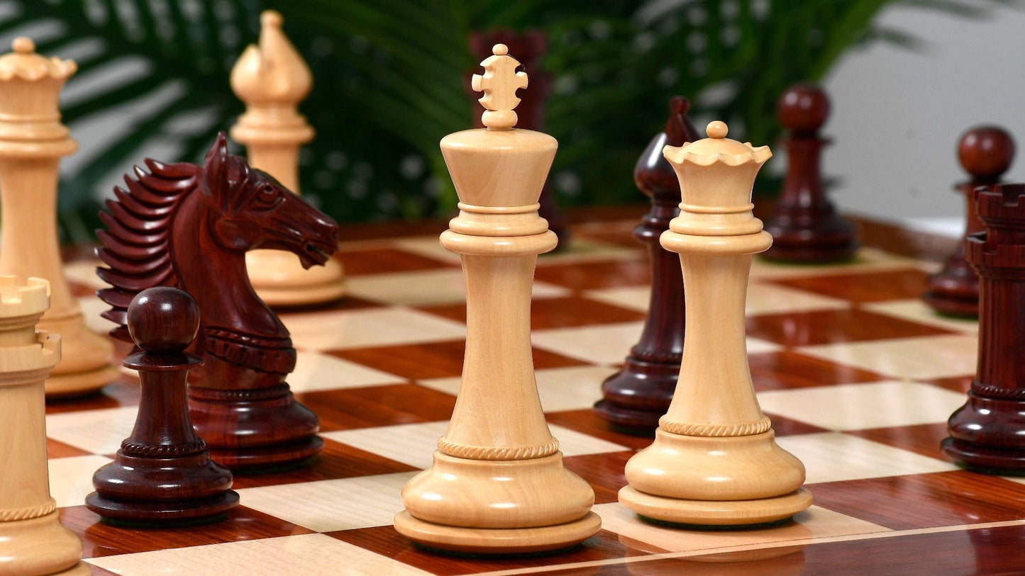 Combo of The Cb Mustang Series Weighted Chess Pieces in Bud Rose / Box Wood - 4.4" King With Extra Queens With Wooden Chess Board