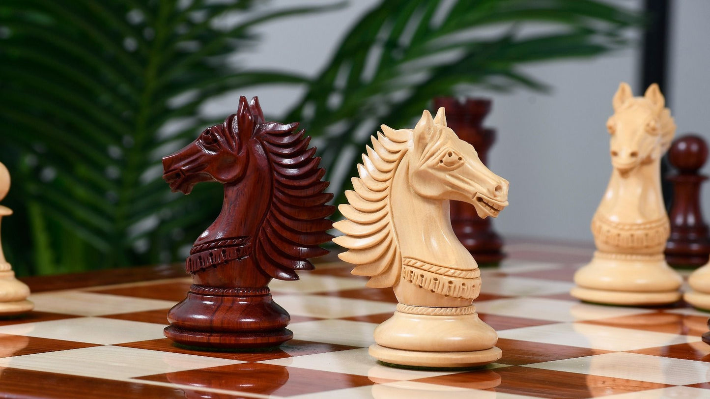 Combo of The Cb Mustang Series Weighted Chess Pieces in Bud Rose / Box Wood - 4.4" King With Extra Queens With Wooden Chess Board