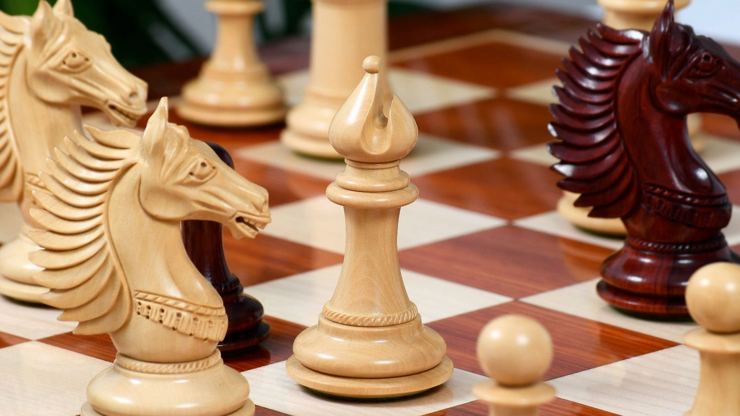 Combo of The Cb Mustang Series Weighted Chess Pieces in Bud Rose / Box Wood - 4.4" King With Extra Queens With Wooden Chess Board