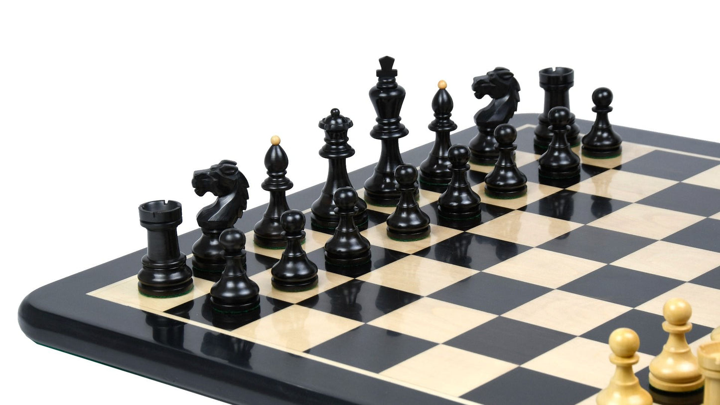 Combo of Reproduced Vintage 1950's Circa Bohemia Staunton Series German Chess Pieces in Ebonized Boxwood & Natural Boxwood - 3.89" King with Wooden Chess Board