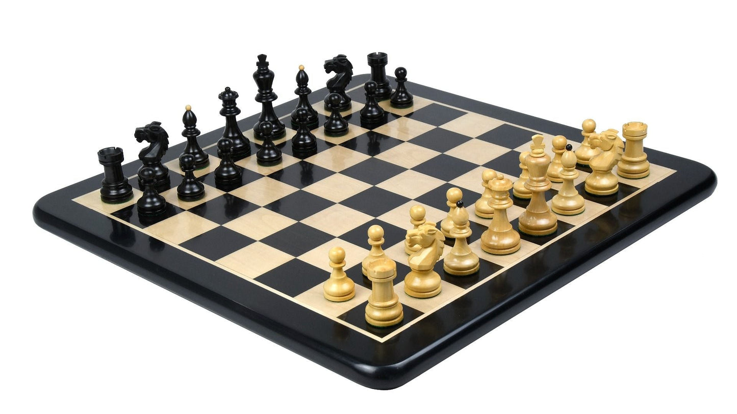 Combo of Reproduced Vintage 1950's Circa Bohemia Staunton Series German Chess Pieces in Ebonized Boxwood & Natural Boxwood - 3.89" King with Wooden Chess Board