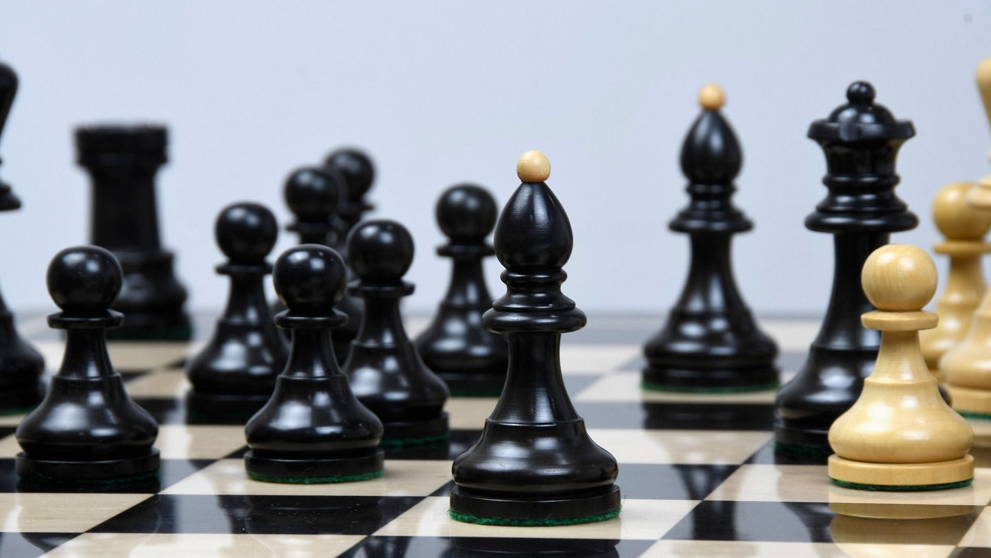 Combo of Reproduced Vintage 1950's Circa Bohemia Staunton Series German Chess Pieces in Ebonized Boxwood & Natural Boxwood - 3.89" King with Wooden Chess Board
