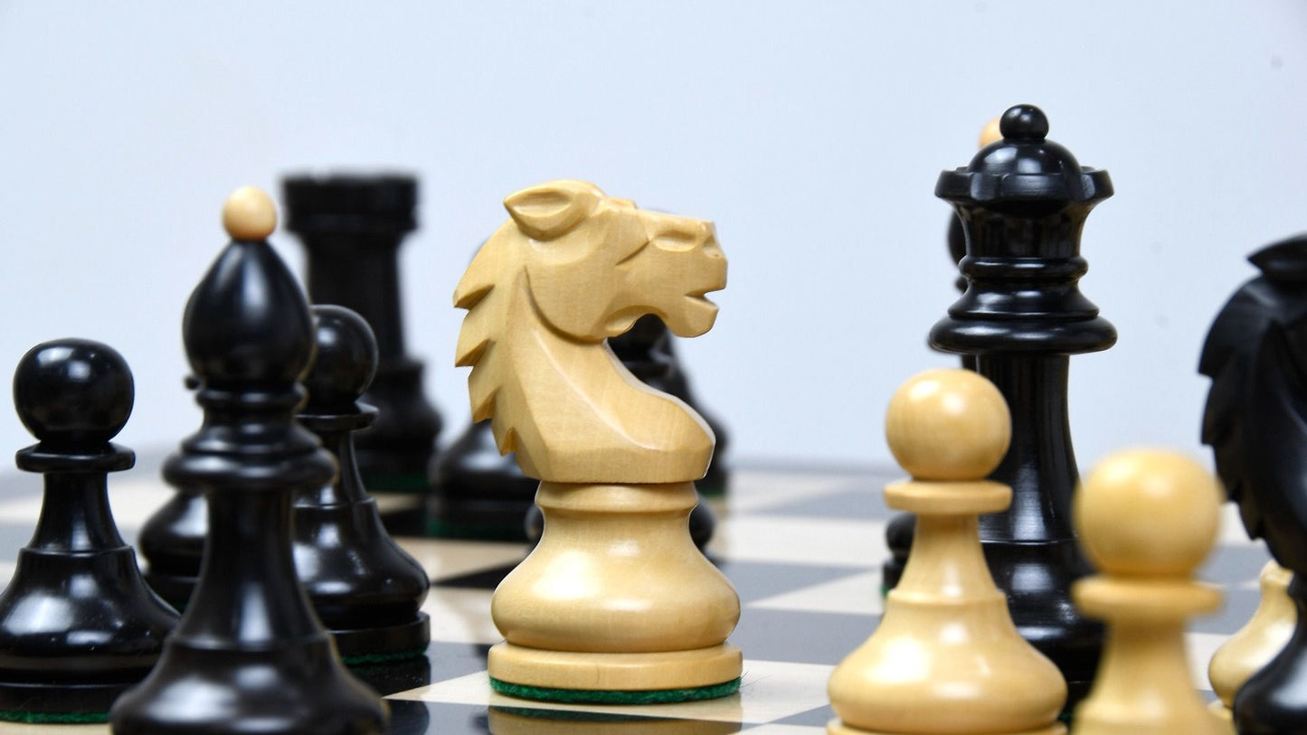 Combo of Reproduced Vintage 1950's Circa Bohemia Staunton Series German Chess Pieces in Ebonized Boxwood & Natural Boxwood - 3.89" King with Wooden Chess Board