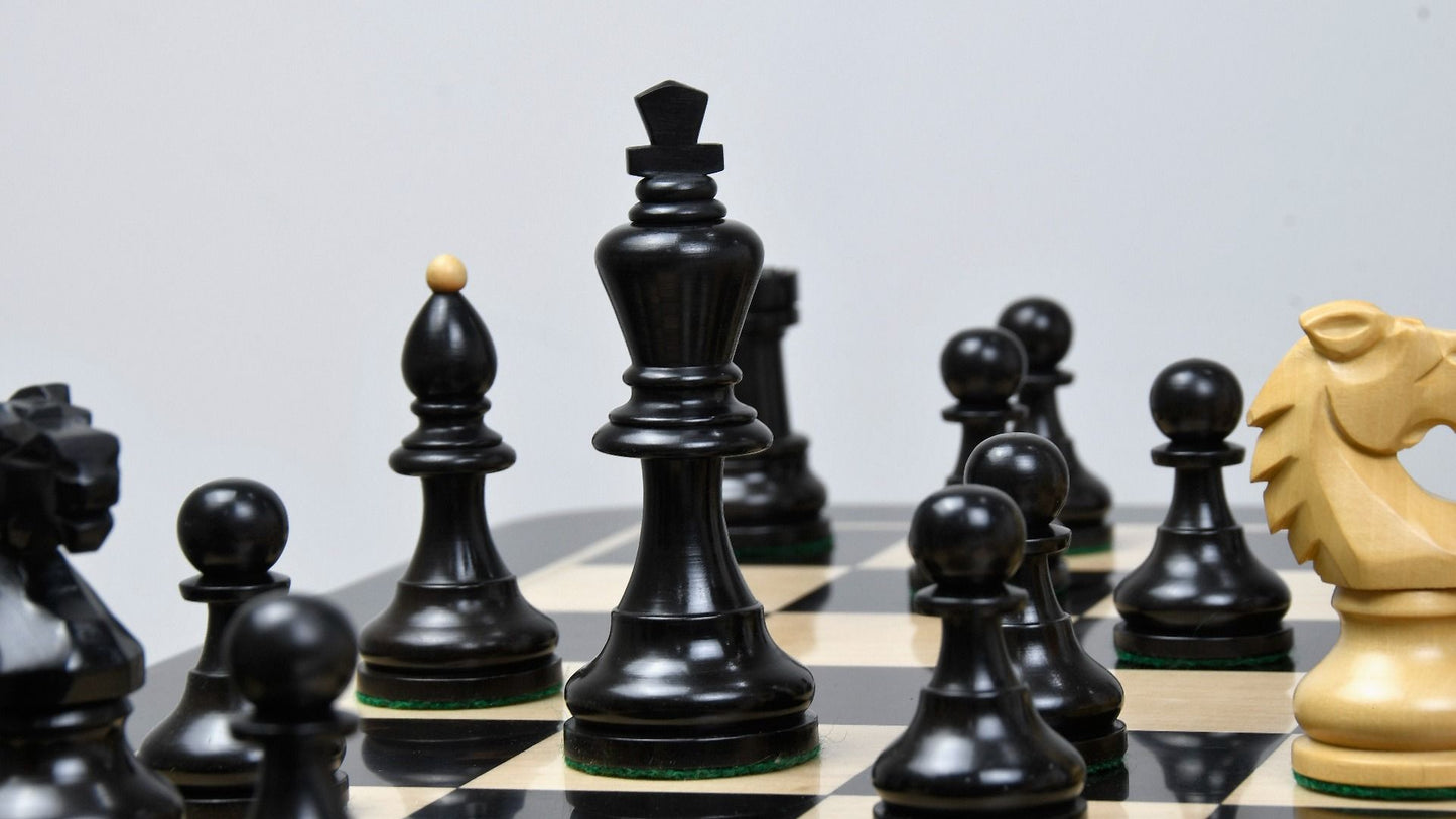 Combo of Reproduced Vintage 1950's Circa Bohemia Staunton Series German Chess Pieces in Ebonized Boxwood & Natural Boxwood - 3.89" King with Wooden Chess Board