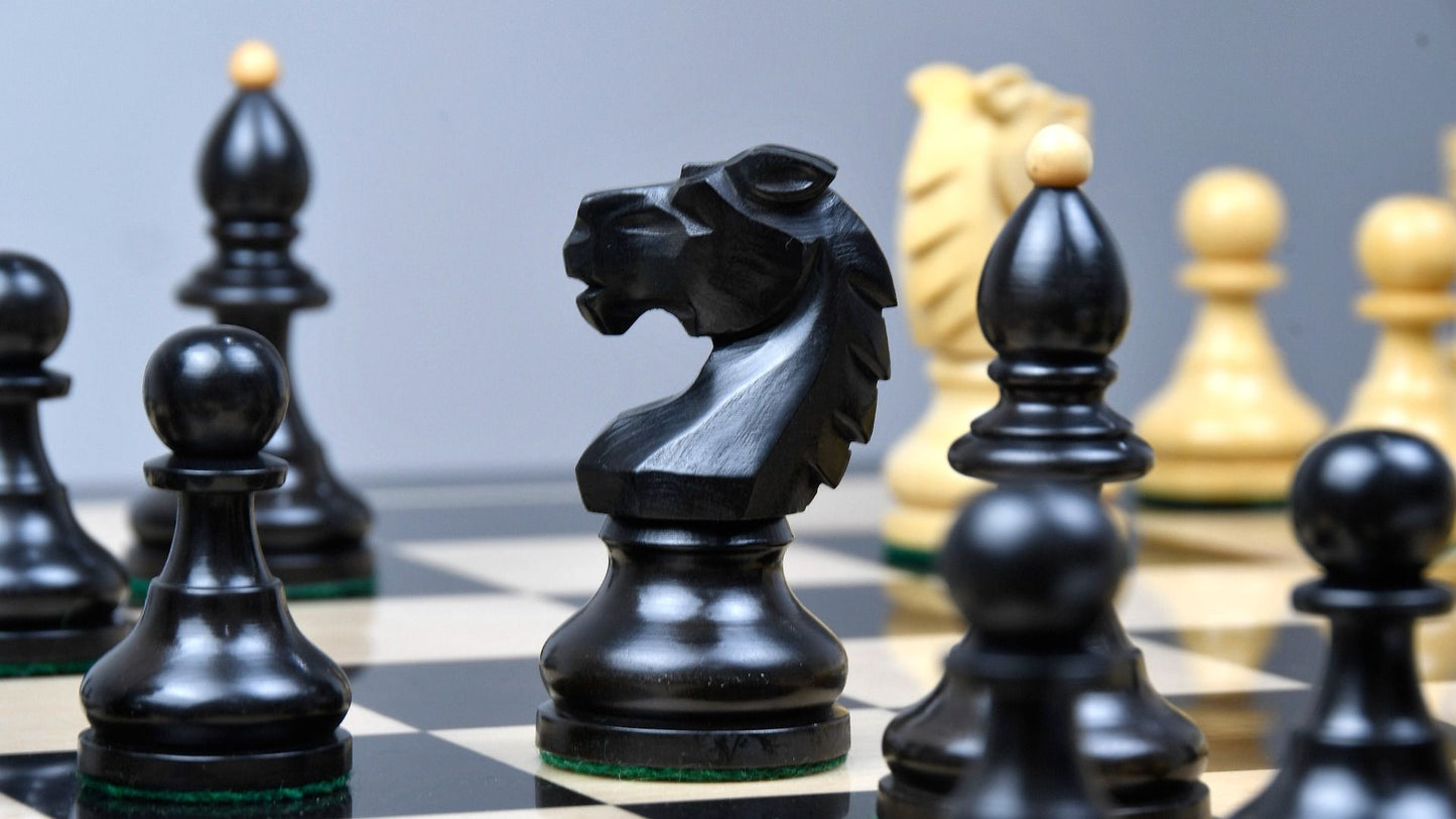 Combo of Reproduced Vintage 1950's Circa Bohemia Staunton Series German Chess Pieces in Ebonized Boxwood & Natural Boxwood - 3.89" King with Wooden Chess Board