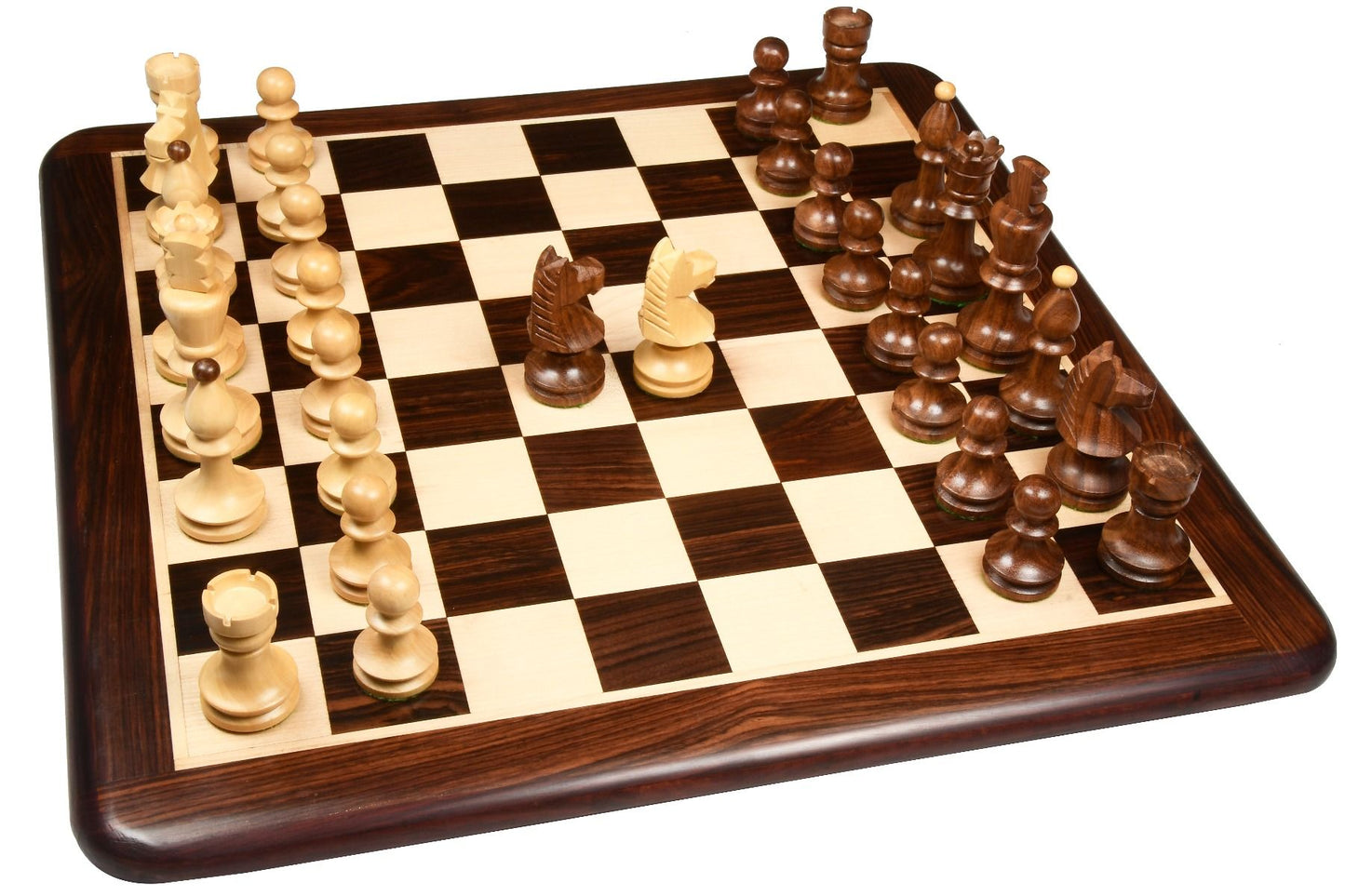 Repro Romanian-Hungarian National Tournament Pieces in Sheesham/Boxwood - 3.8" King with Board