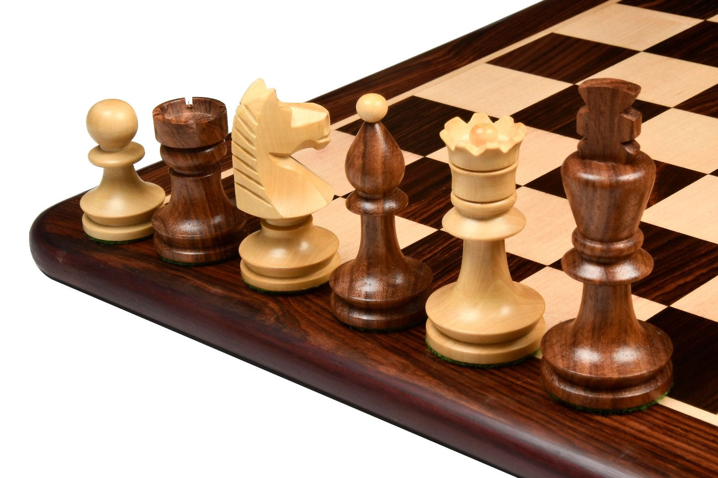 Repro Romanian-Hungarian National Tournament Pieces in Sheesham/Boxwood - 3.8" King with Board
