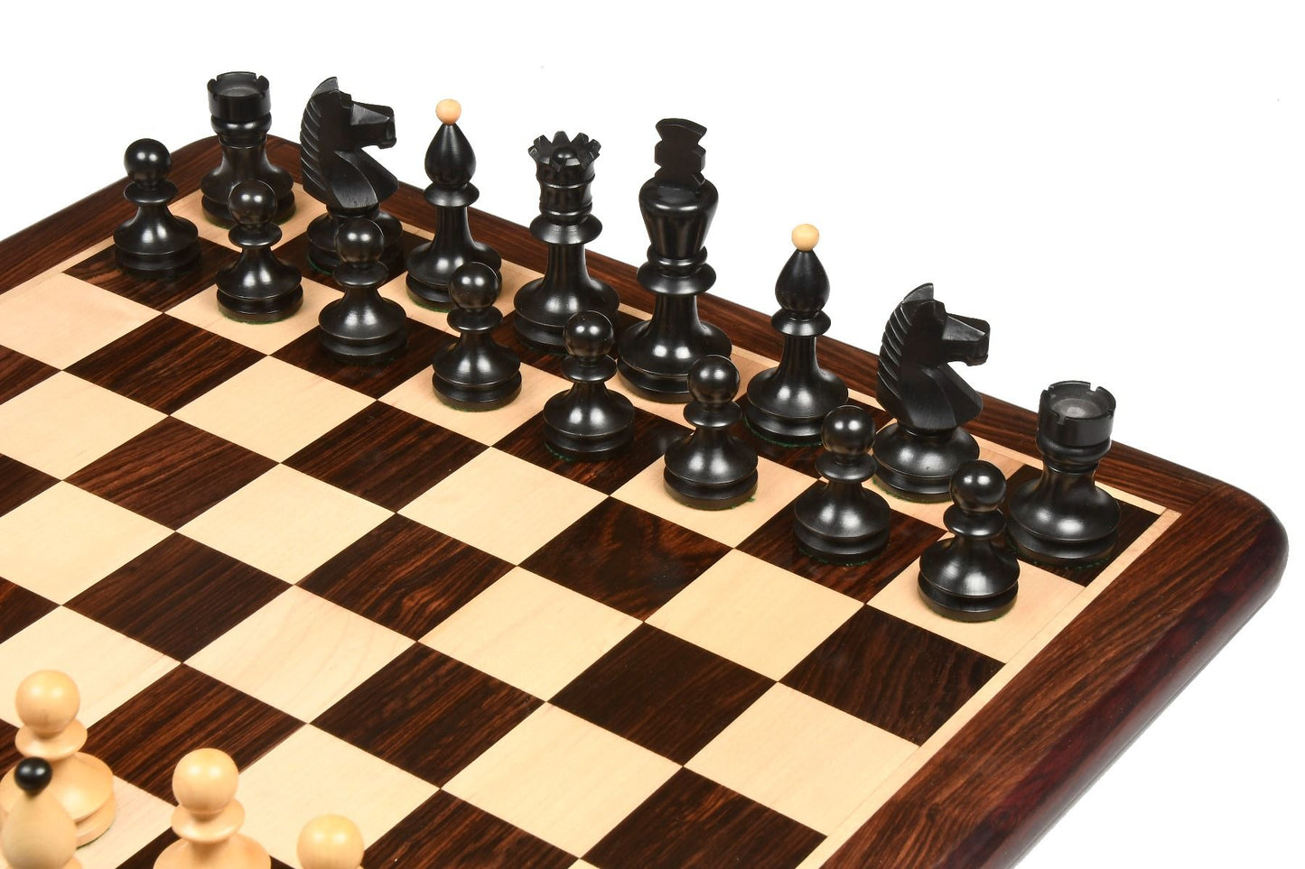 COMBO OF REPRODUCED ROMANIAN-HUNGARIAN NATIONAL TOURNAMENT CHESS PIECES IN EBONIZED & NATURAL BOXWOOD - 3.8" KING WITH WOODEN ROSEWOOD CHESS BOARD - 20"