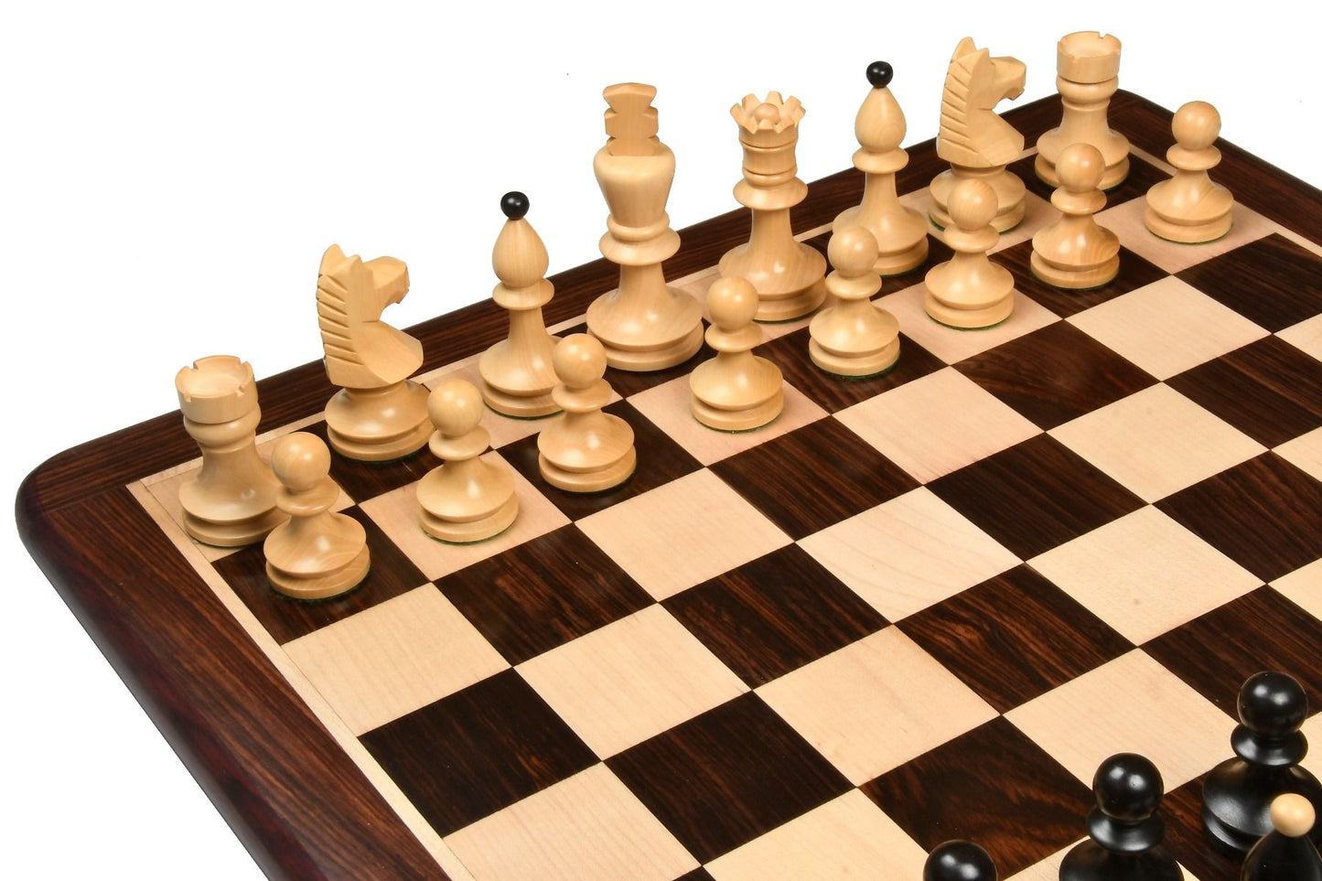 COMBO OF REPRODUCED ROMANIAN-HUNGARIAN NATIONAL TOURNAMENT CHESS PIECES IN EBONIZED & NATURAL BOXWOOD - 3.8" KING WITH WOODEN ROSEWOOD CHESS BOARD - 20"