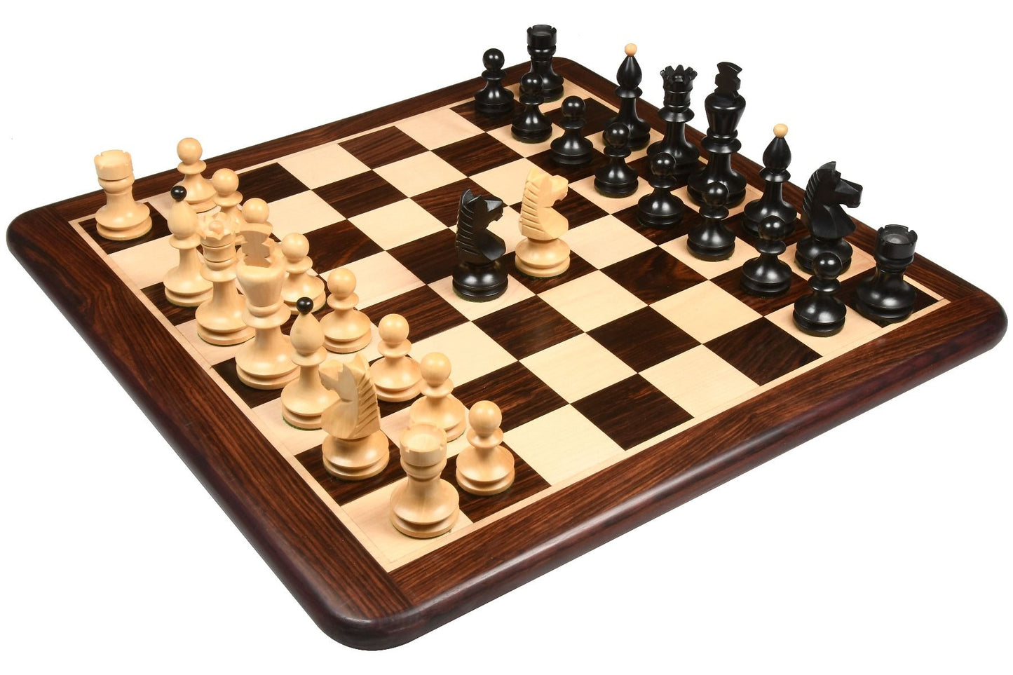 COMBO OF REPRODUCED ROMANIAN-HUNGARIAN NATIONAL TOURNAMENT CHESS PIECES IN EBONIZED & NATURAL BOXWOOD - 3.8" KING WITH WOODEN ROSEWOOD CHESS BOARD - 20"