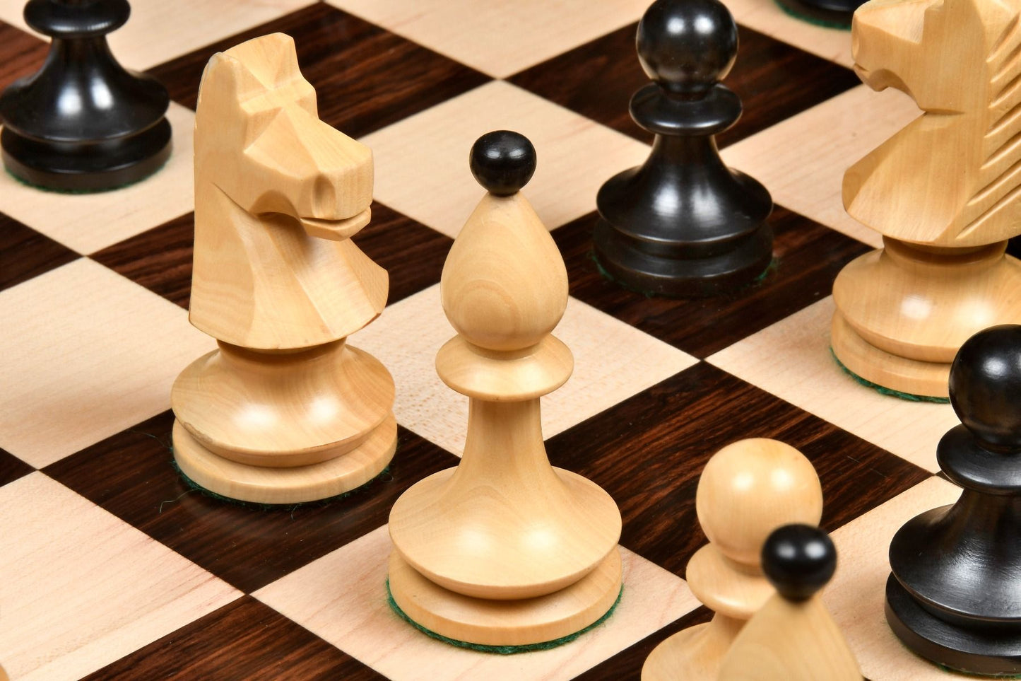 COMBO OF REPRODUCED ROMANIAN-HUNGARIAN NATIONAL TOURNAMENT CHESS PIECES IN EBONIZED & NATURAL BOXWOOD - 3.8" KING WITH WOODEN ROSEWOOD CHESS BOARD - 20"