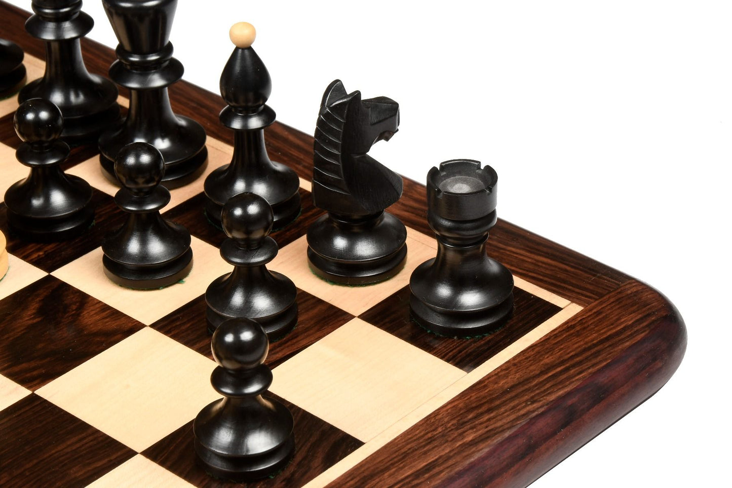 COMBO OF REPRODUCED ROMANIAN-HUNGARIAN NATIONAL TOURNAMENT CHESS PIECES IN EBONIZED & NATURAL BOXWOOD - 3.8" KING WITH WOODEN ROSEWOOD CHESS BOARD - 20"