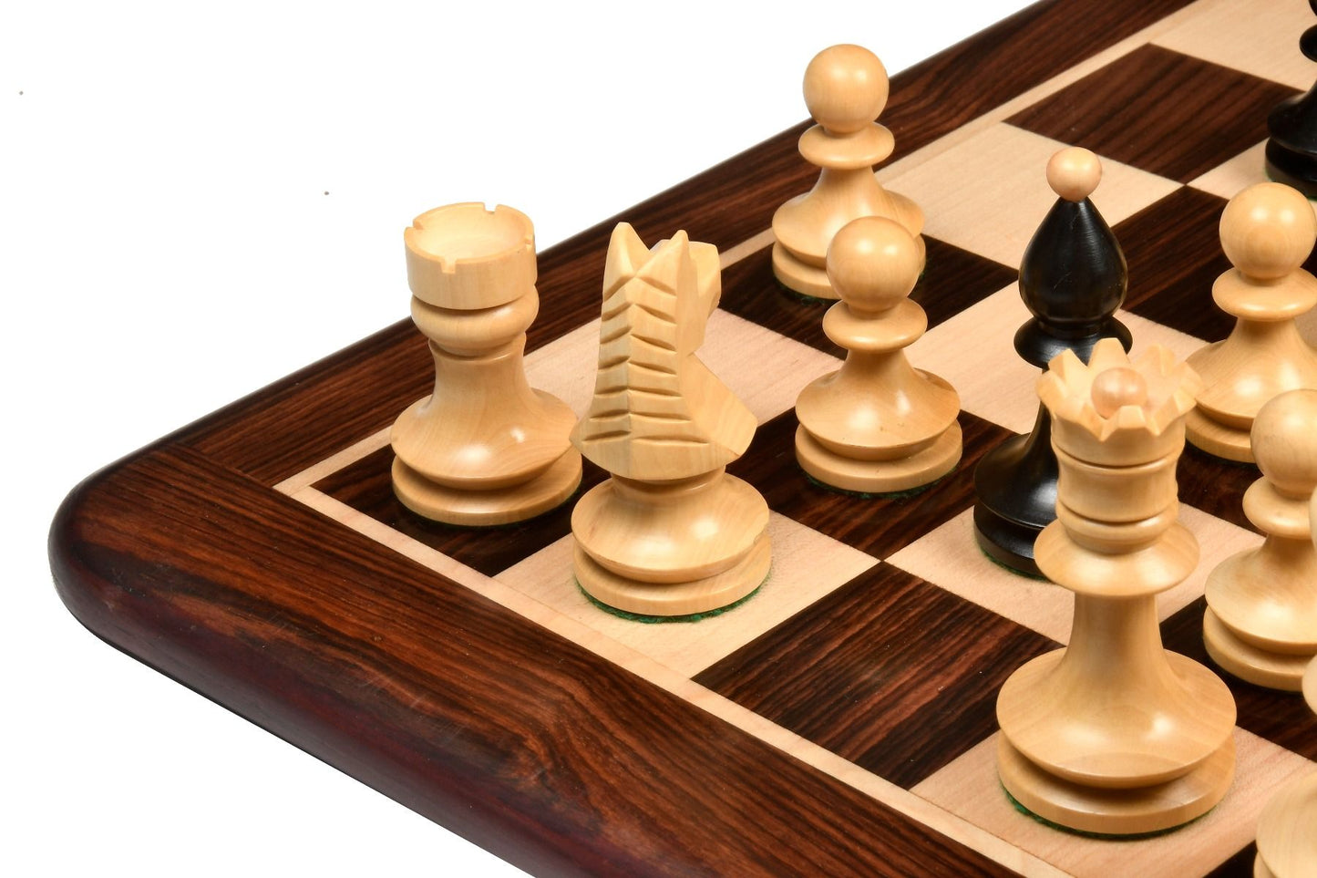 COMBO OF REPRODUCED ROMANIAN-HUNGARIAN NATIONAL TOURNAMENT CHESS PIECES IN EBONIZED & NATURAL BOXWOOD - 3.8" KING WITH WOODEN ROSEWOOD CHESS BOARD - 20"