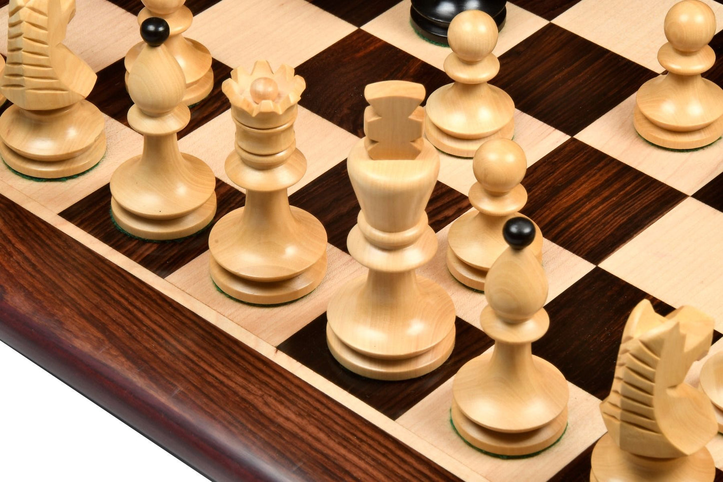 COMBO OF REPRODUCED ROMANIAN-HUNGARIAN NATIONAL TOURNAMENT CHESS PIECES IN EBONIZED & NATURAL BOXWOOD - 3.8" KING WITH WOODEN ROSEWOOD CHESS BOARD - 20"