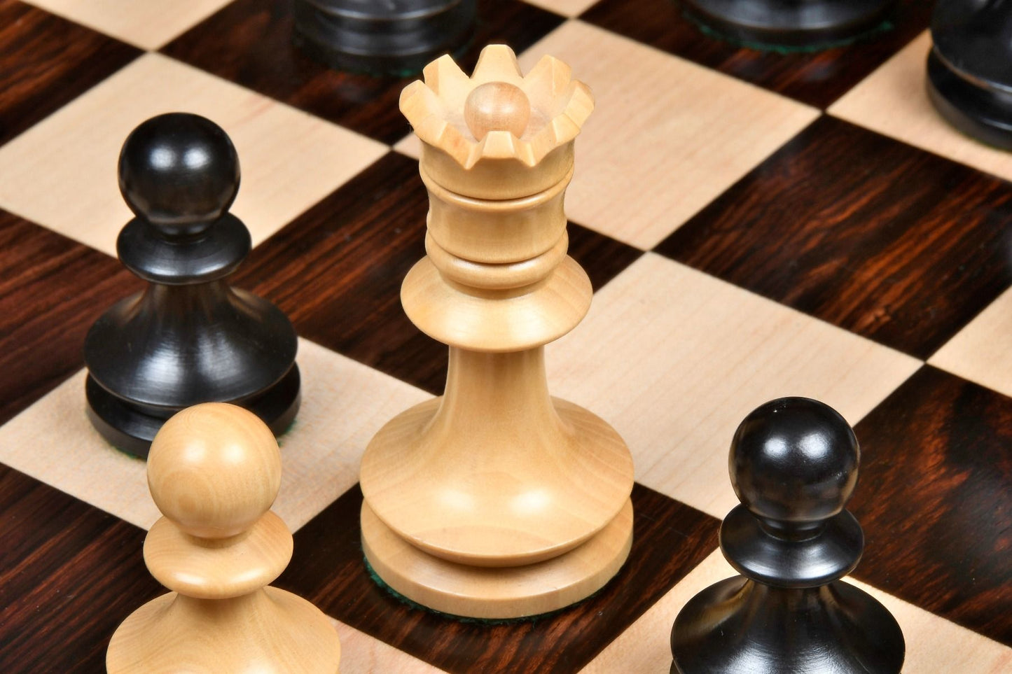 COMBO OF REPRODUCED ROMANIAN-HUNGARIAN NATIONAL TOURNAMENT CHESS PIECES IN EBONIZED & NATURAL BOXWOOD - 3.8" KING WITH WOODEN ROSEWOOD CHESS BOARD - 20"