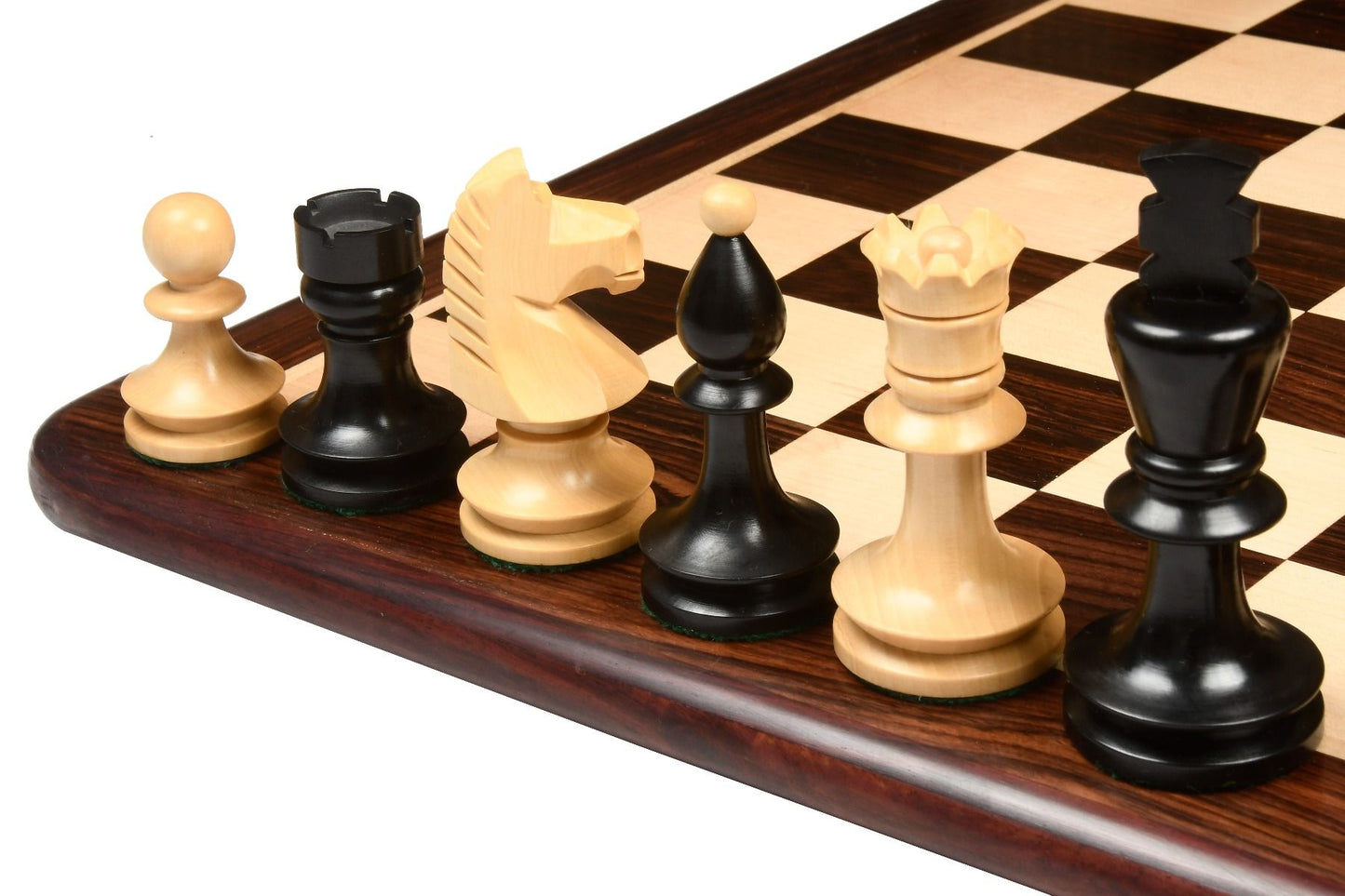 COMBO OF REPRODUCED ROMANIAN-HUNGARIAN NATIONAL TOURNAMENT CHESS PIECES IN EBONIZED & NATURAL BOXWOOD - 3.8" KING WITH WOODEN ROSEWOOD CHESS BOARD - 20"
