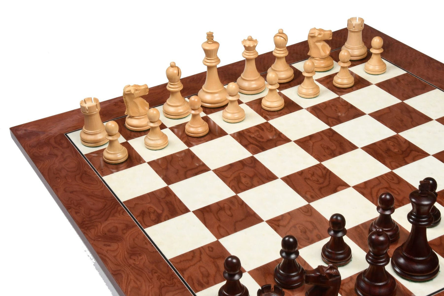 Combo of 1972 Reproduced Fischer-Spassky Staunton Pattern Chess Pieces V2.0 in Bud Rosewood & Boxwood - 3.75" King with Chess Board