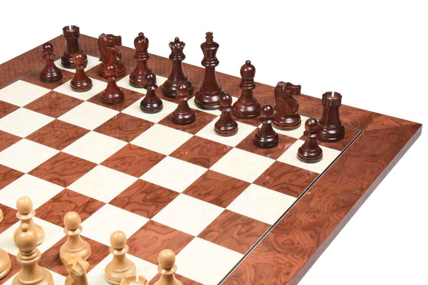 Combo of 1972 Reproduced Fischer-Spassky Staunton Pattern Chess Pieces V2.0 in Bud Rosewood & Boxwood - 3.75" King with Chess Board